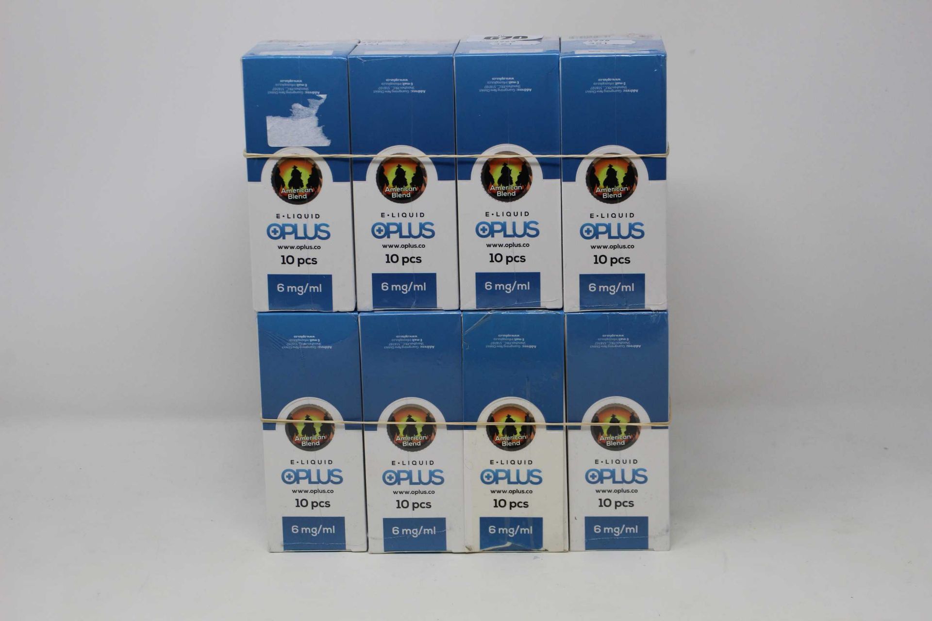 Eight boxes of ten (10ml) OPLus E-Liquid American Blend 6mg/ml (Over 18s only).