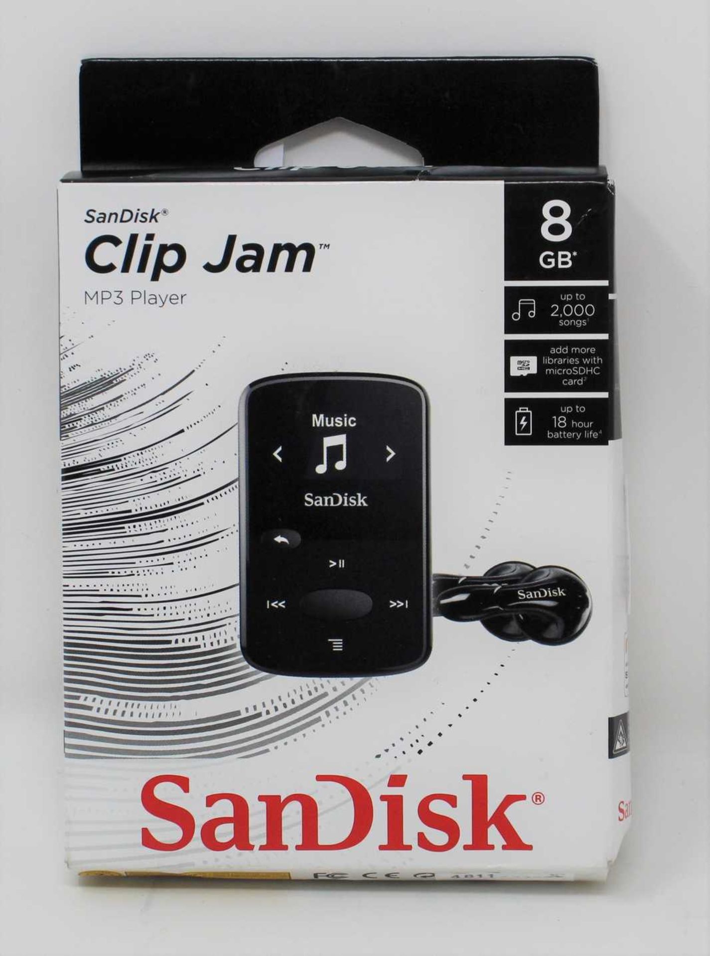 A boxed as new SanDisk Clip Jam 8GB MP3 Player in Black (Box sealed).