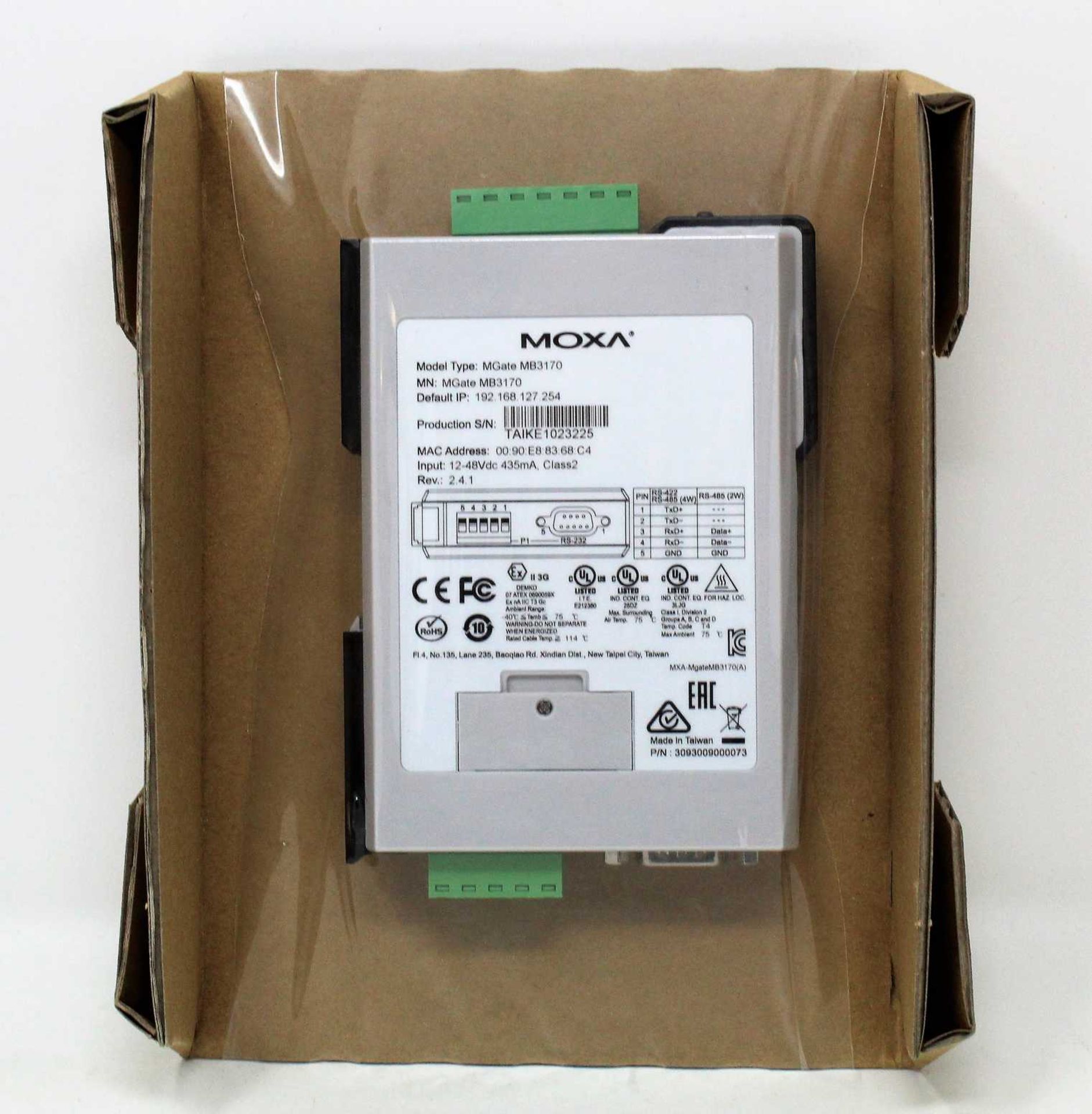 A boxed as new Moxa MGate MB3170 V2.4.1 Advanced Serial-to-Ethernet Modbus Gateway (P/N: