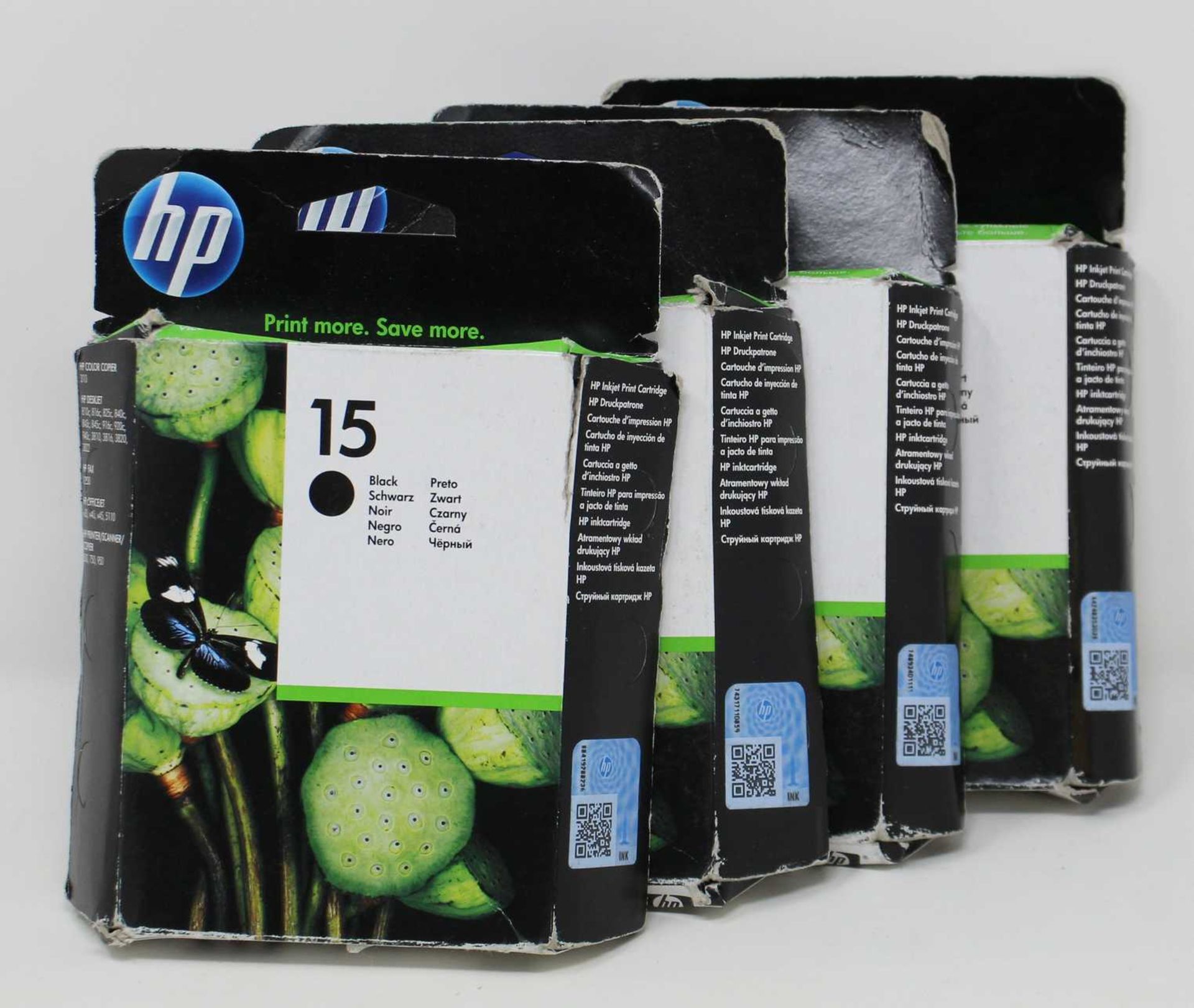 Four boxed as new HP 15 Black Ink Cartridges (P/N: C6615DE) (Boxes sealed, some damage to boxes).