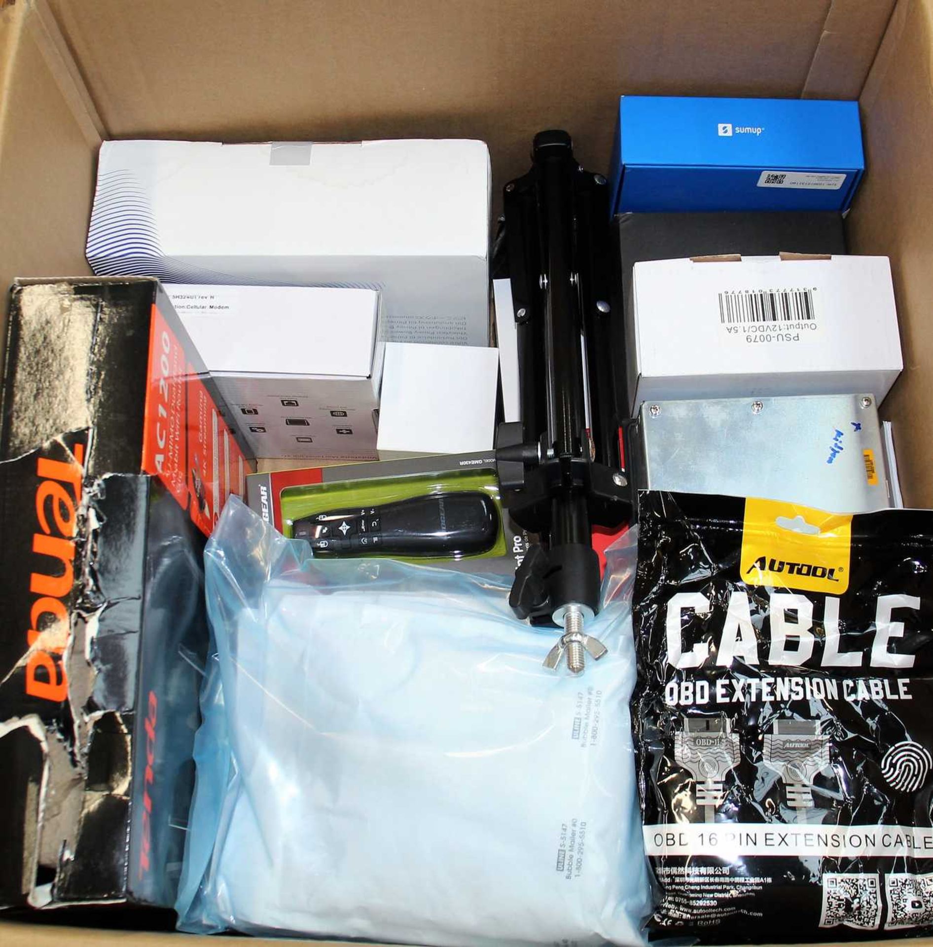 COLLECTION ONLY: A box of assorted new and pre-owned small electrical items and accessories.