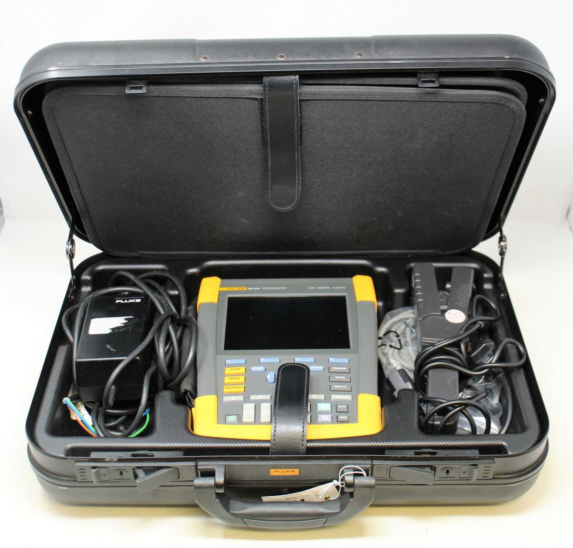 A pre-owned Fluke ScopeMeter 190-204 4 Channel 200MHz 2.5GS/s Portable Digital Color Oscilloscope