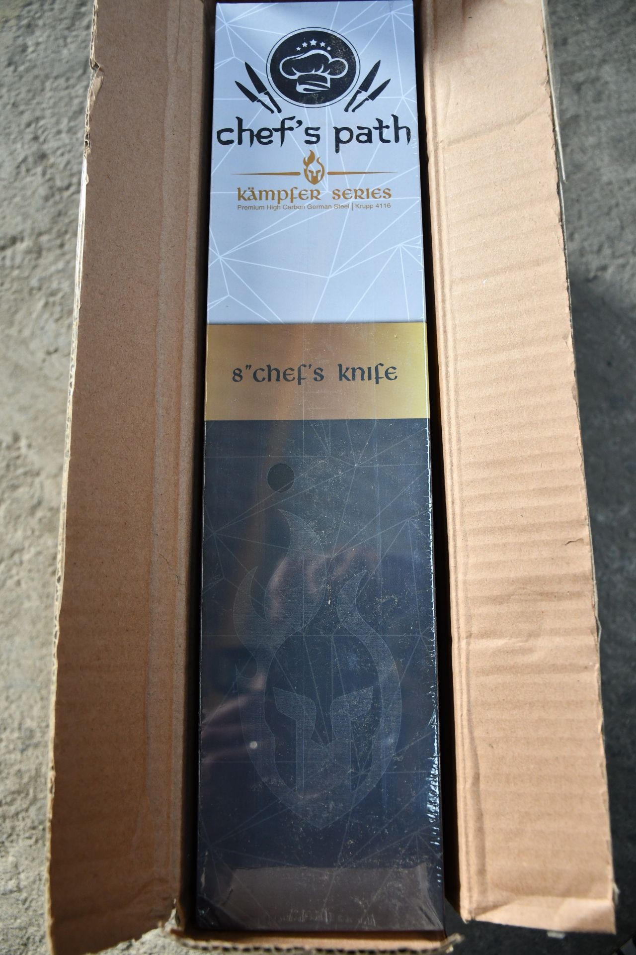 Five boxed as new Chef's Path Kampfer Series 8" Chef's Knives (Over 18's only).