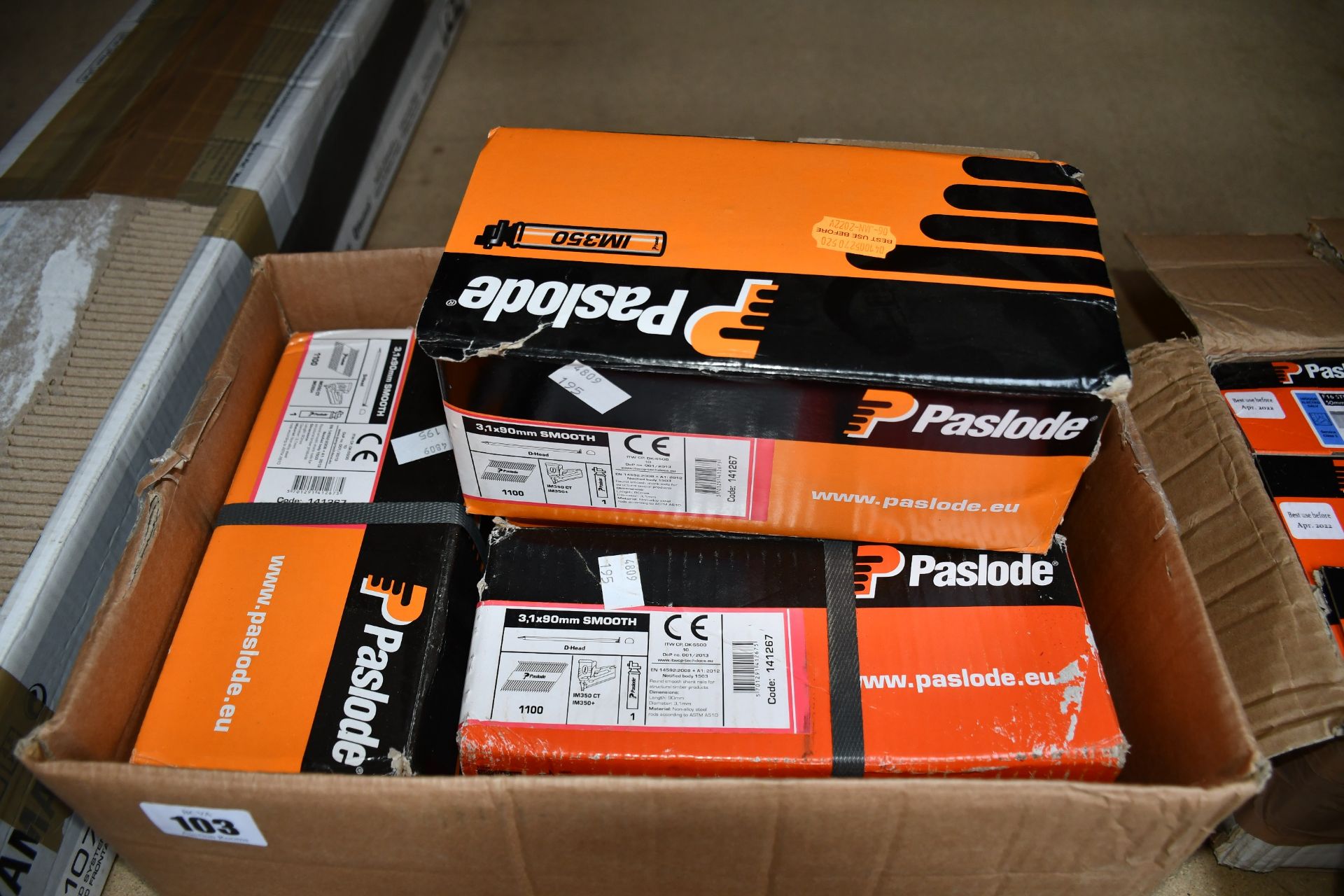 Four boxes of Paslode 141267 3.1 x 90mm Round Smooth Shanks Nails x 1100 with 1 Fuel Cell.