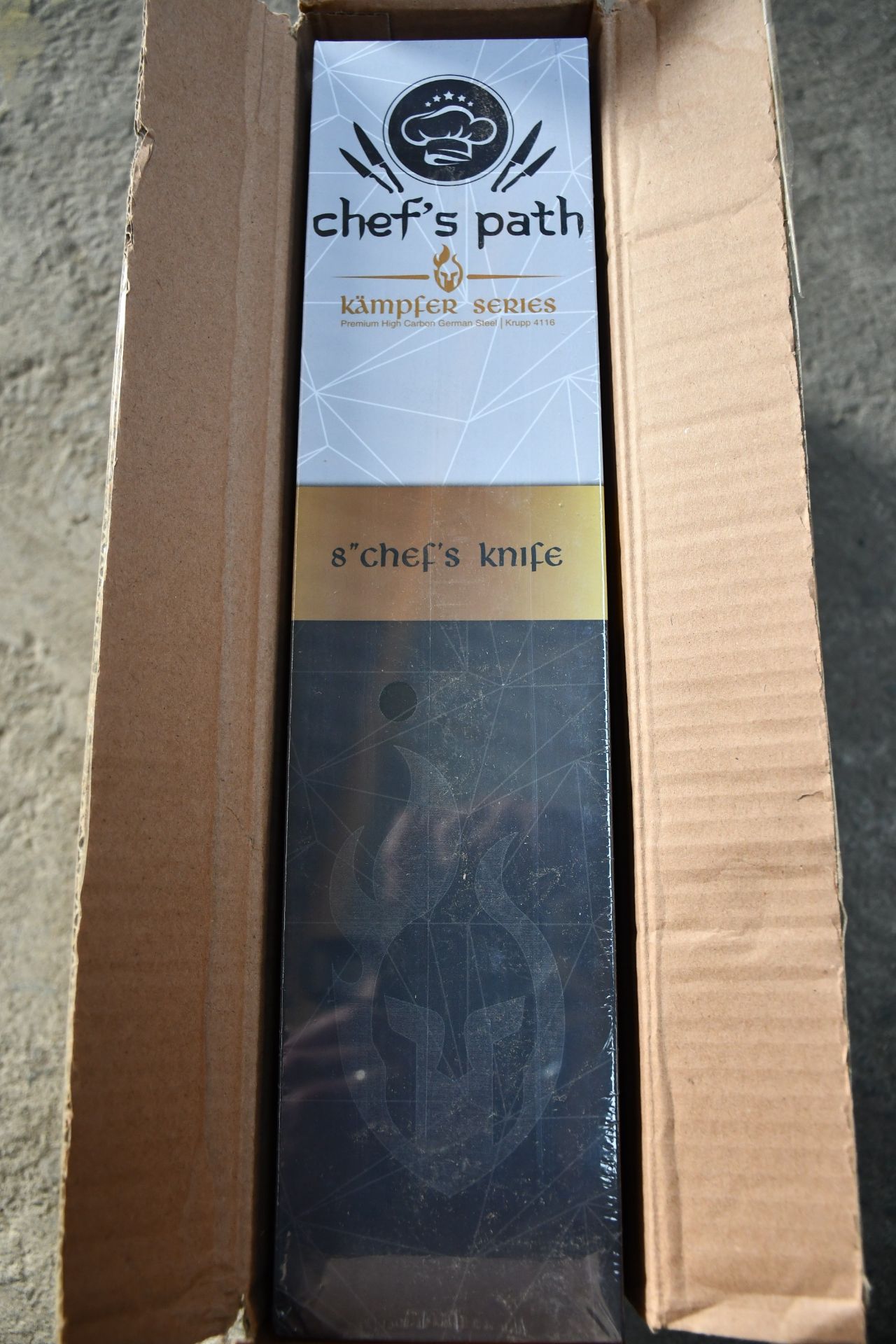Five boxed as new Chef's Path Kampfer Series 8" Chef's Knives (Over 18's only).