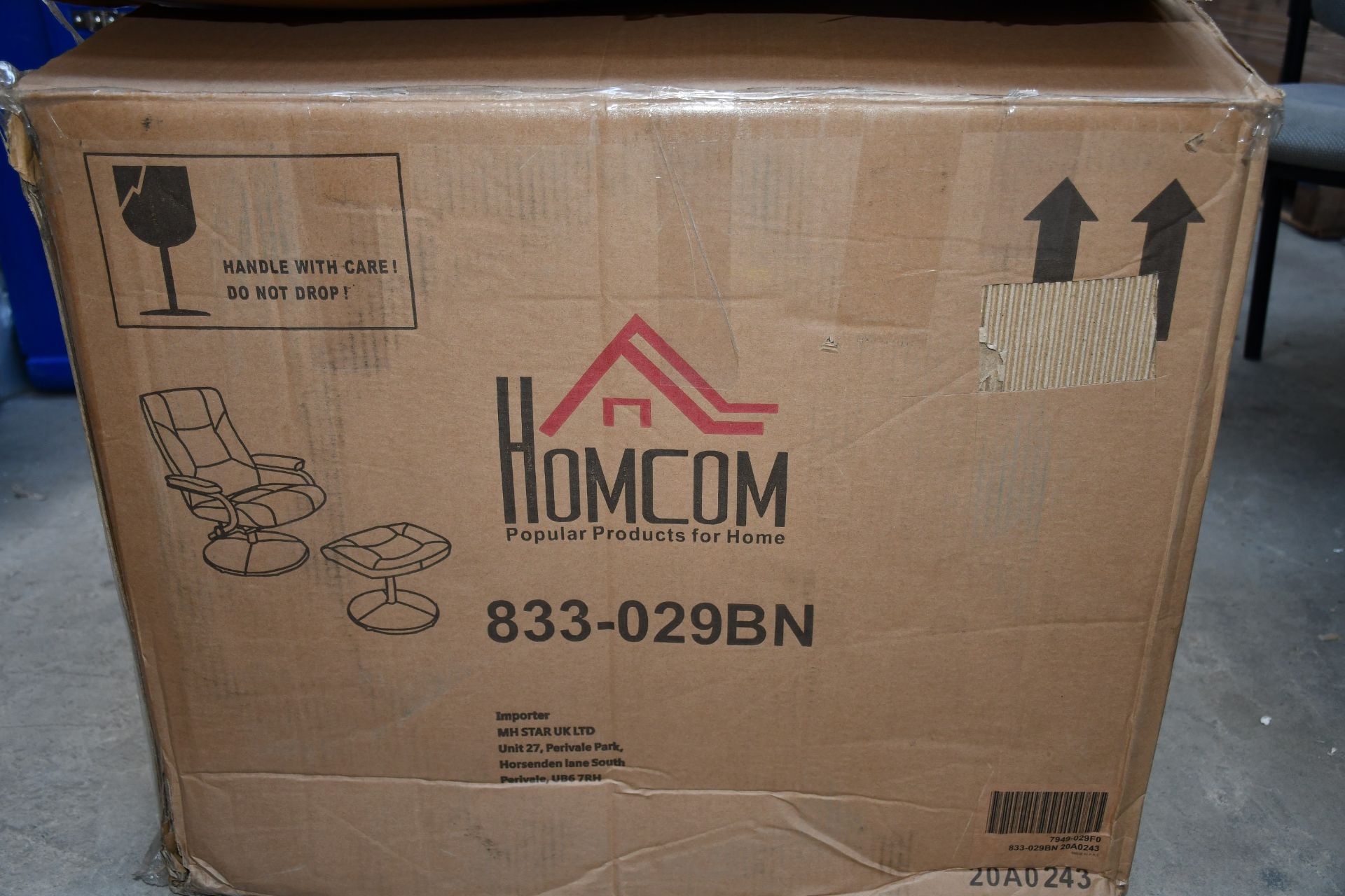 A boxed HOMCOM PVC Reclining Executive Chair with footrest stool in brown.