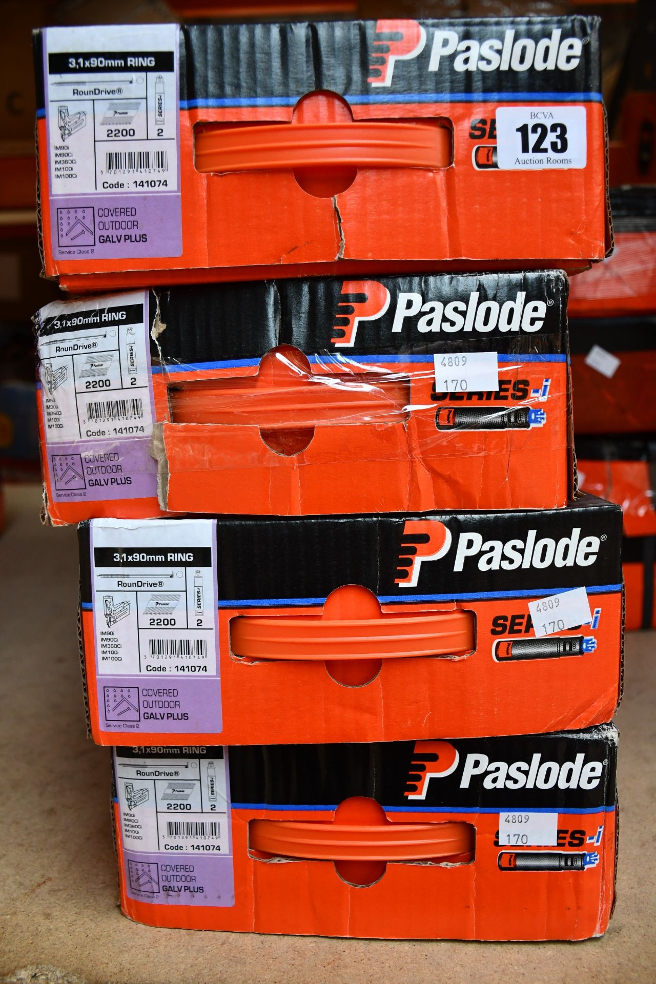Four boxes of Paslode 141074 Galvanised Brads x 2200, 3,1 x 90mm Ring with 2 Fuel Cells (Some damage