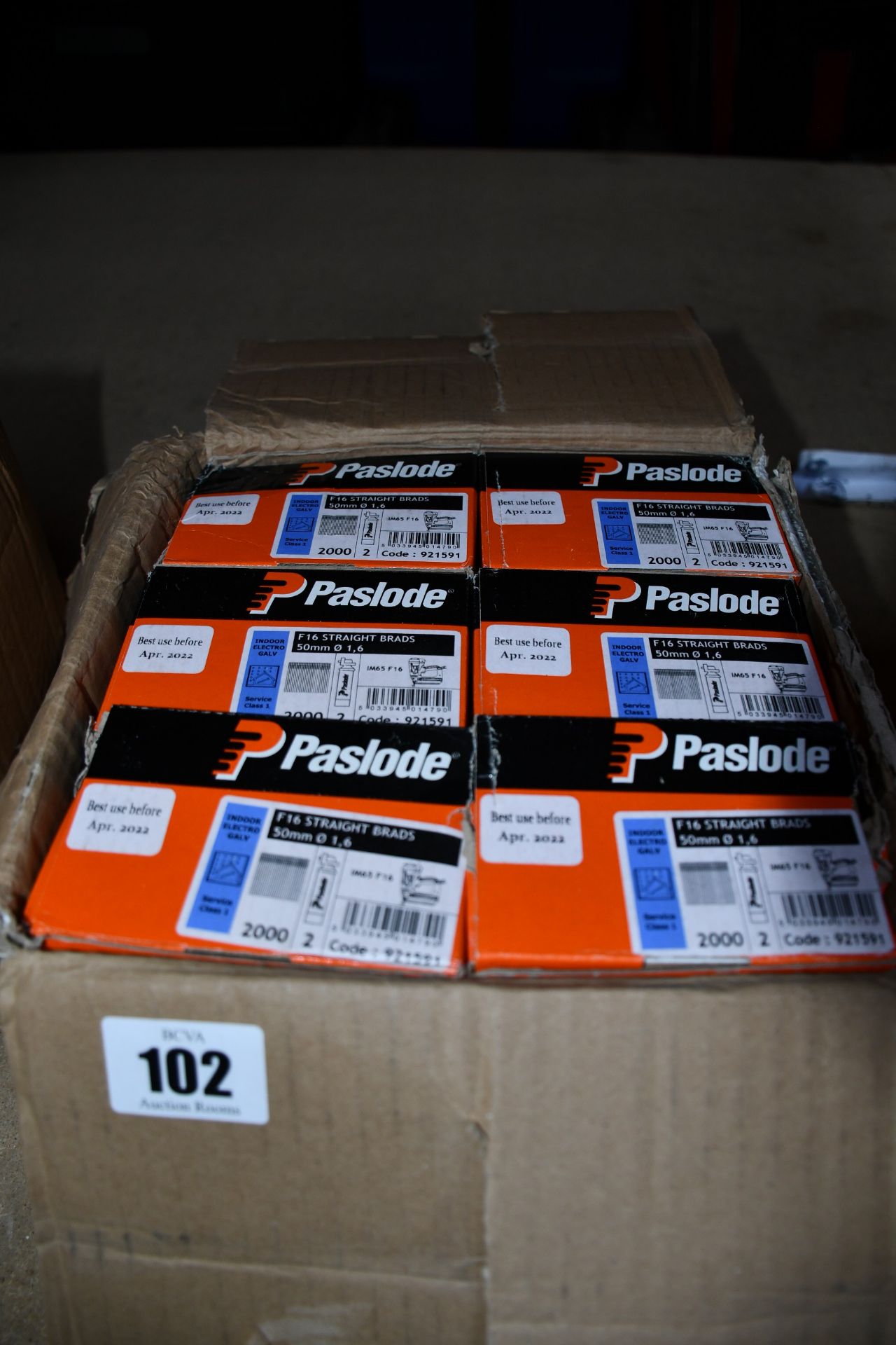 Six boxes of Paslode 921591 1.6 x 50mm F16 Straight Brads x 2000 with 2 Fuel Cells.