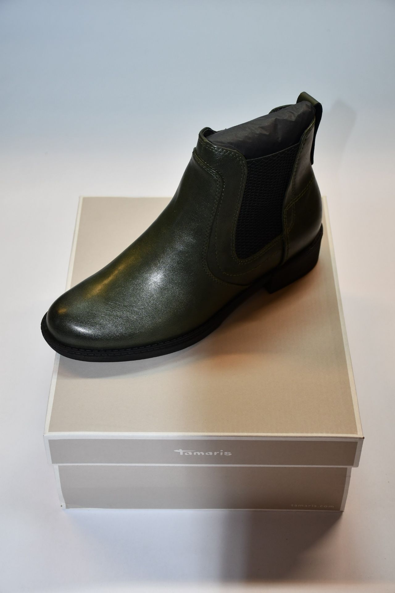 Three pairs of ladies boxed as new Tamaris Hayden Chelsea Boots in olive green (EU one pair 41,