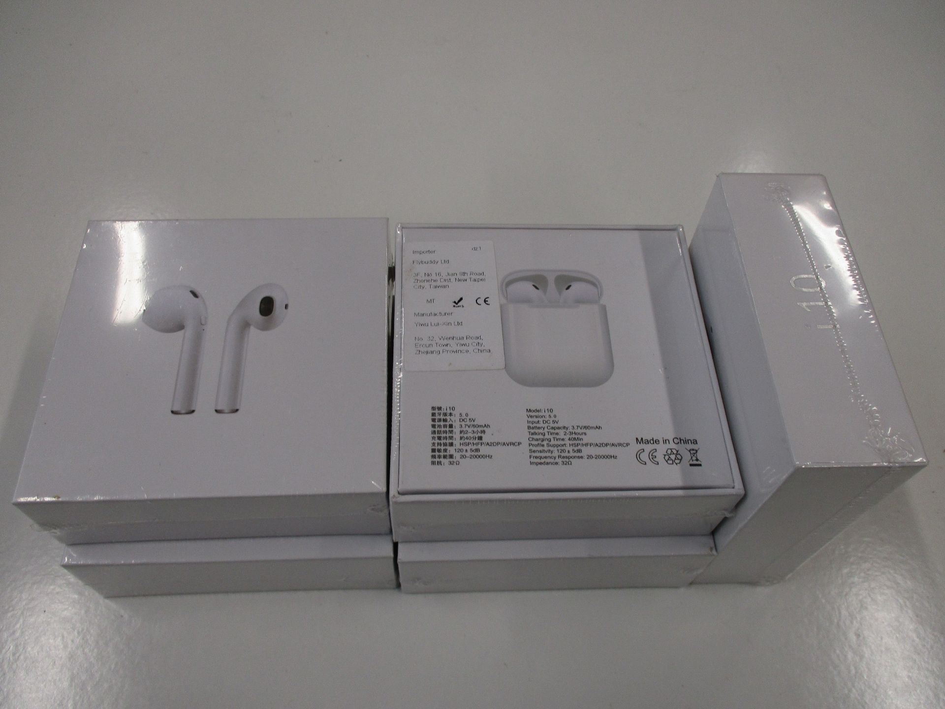 Five boxed and sealed as new i10 wireless ear pods, version 5.0, DC 5V, talk time 2 - 3 hours.