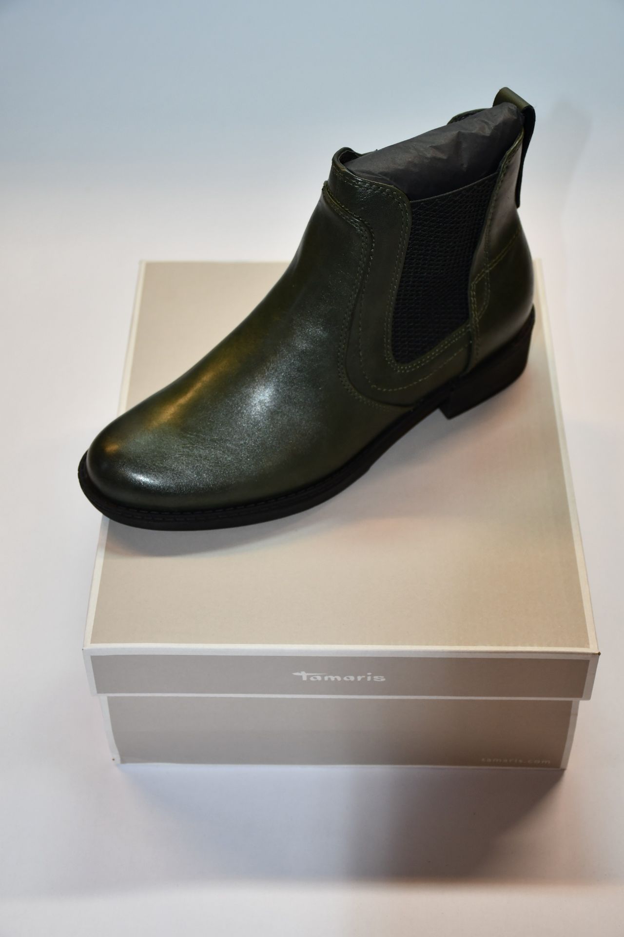 Three pairs of ladies boxed as new Tamaris Hayden Chelsea Boots in olive green (EU 38).