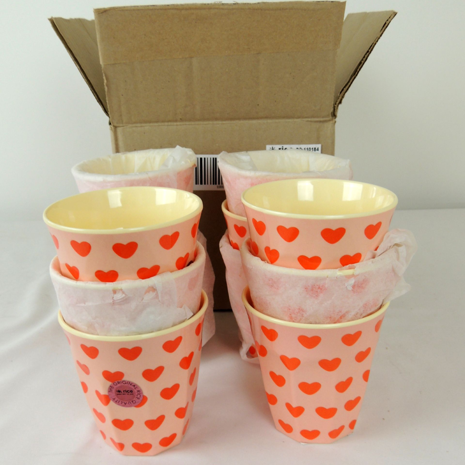 Twelve boxed as new Rice melamine cups sweethearts print