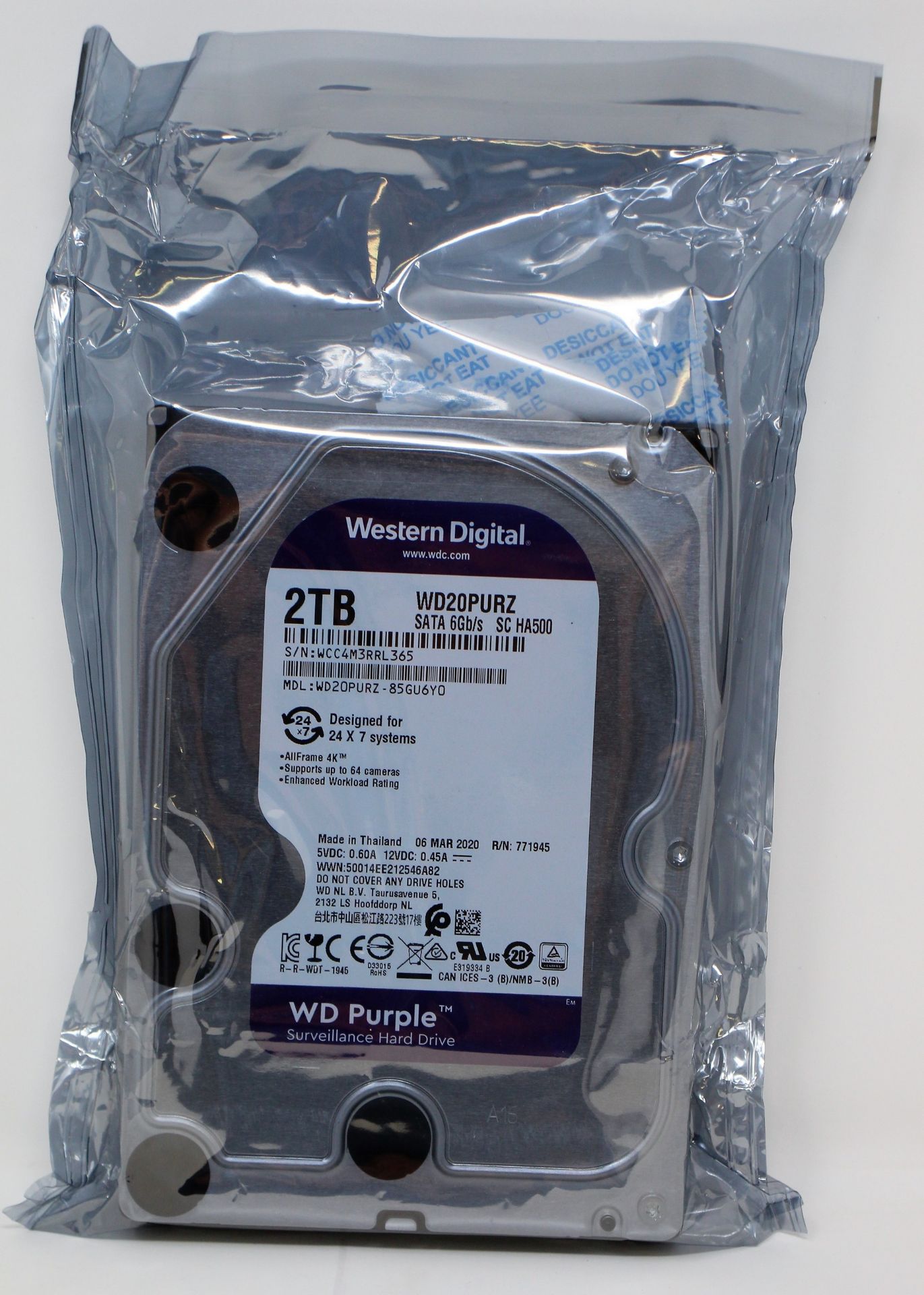 An as new Western Digital 2TB Surveillance Hard Drive (MDL: WD20PURZ-85GU6Y0) (Packaging sealed).