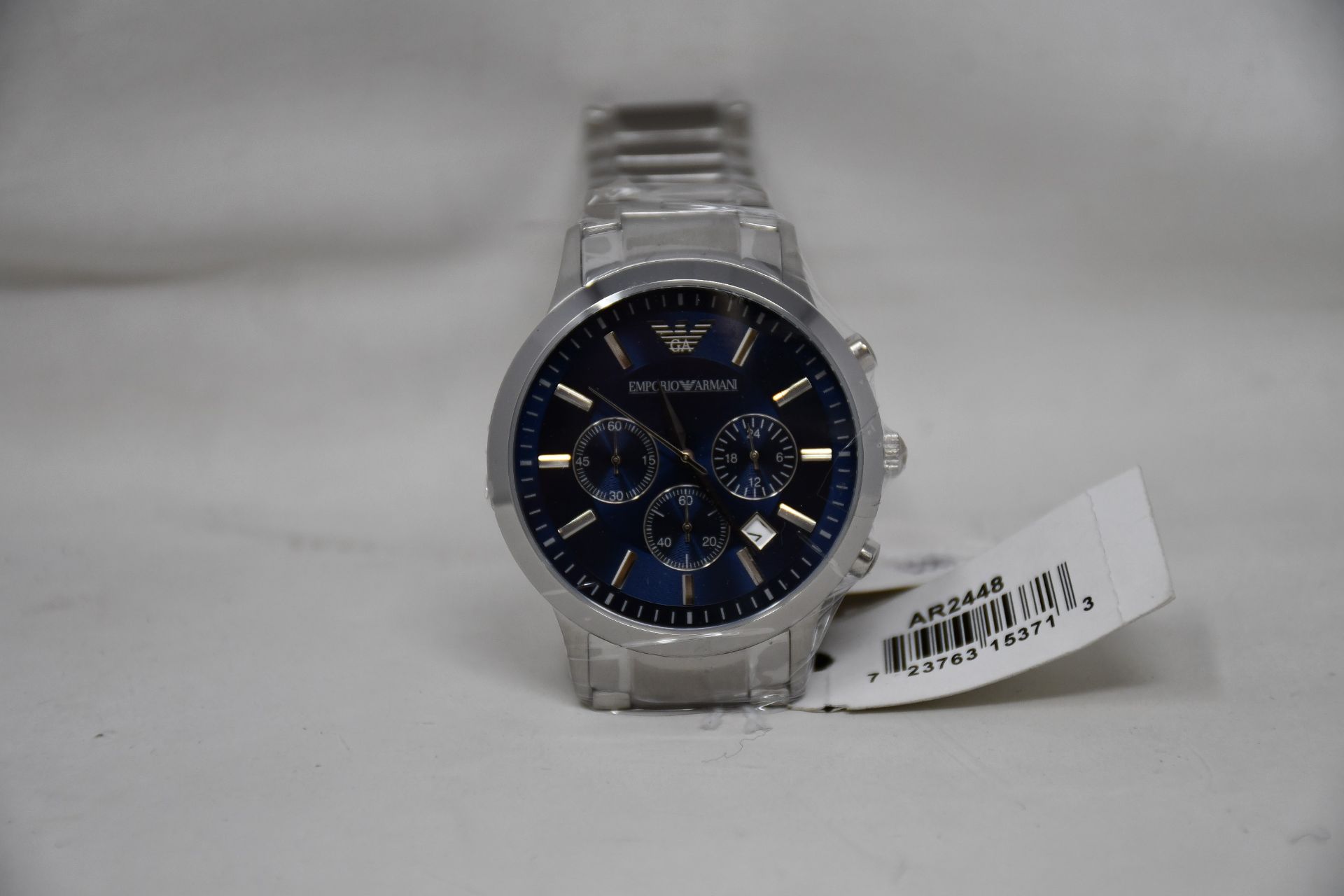 A men's as new Emporio Armani AR2448 stainless steel blue dial chronograph watch (No box).