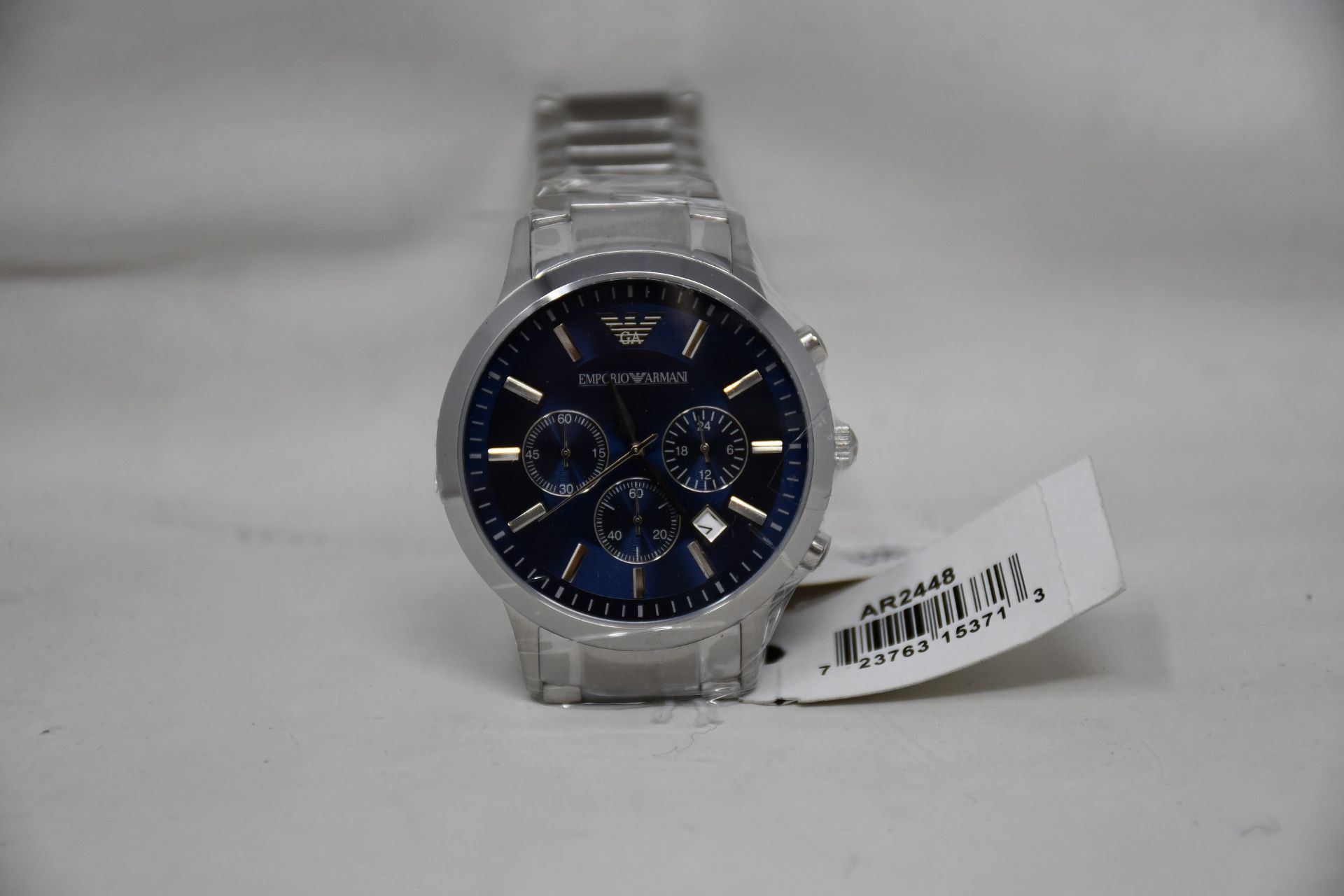 A men's as new Emporio Armani AR2448 stainless steel blue dial chronograph watch (No box).