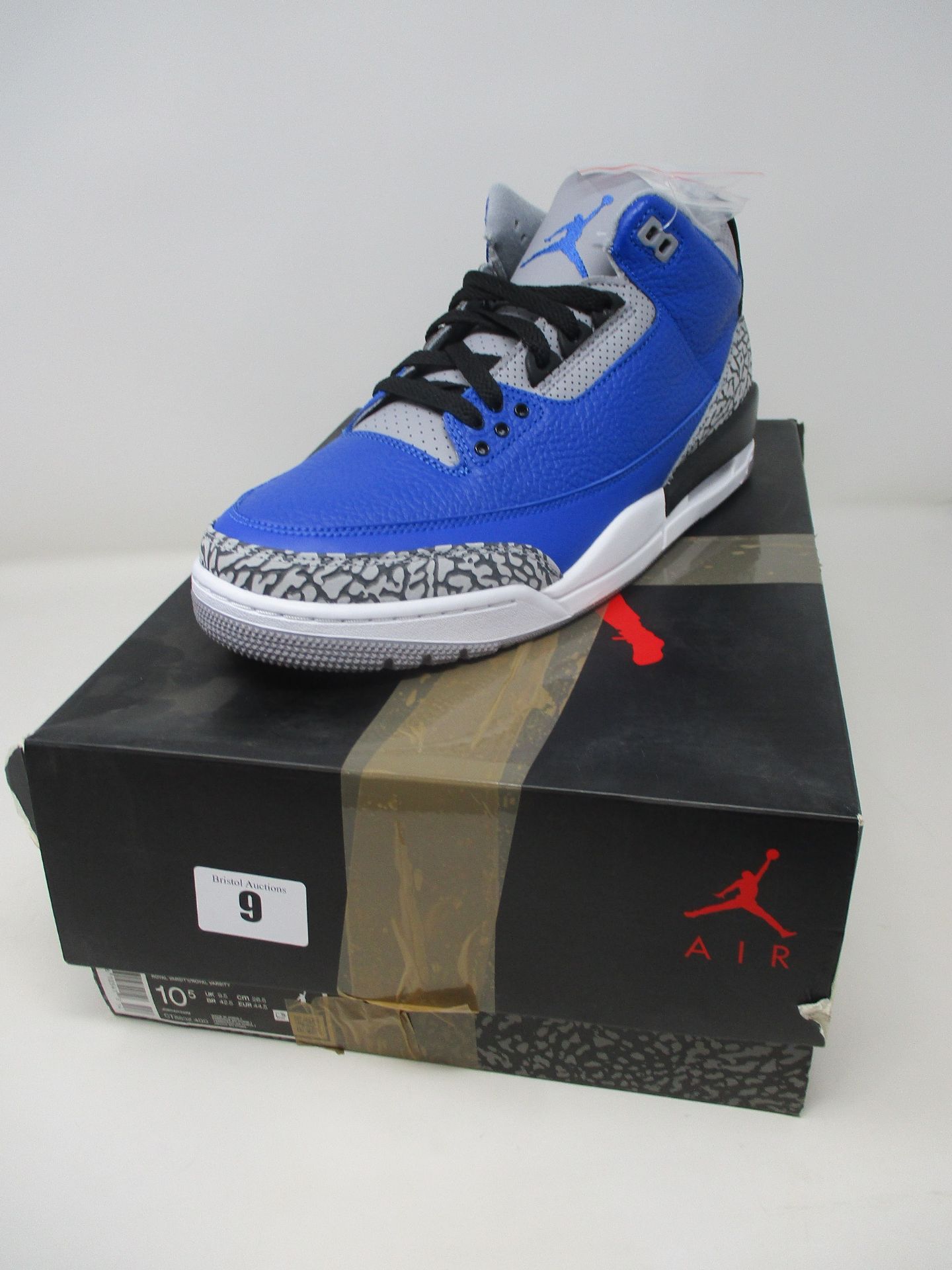 A pair of as new Nike Air Jordan 3 Retro in varsity blue (UK 9.5 - Damaged box).