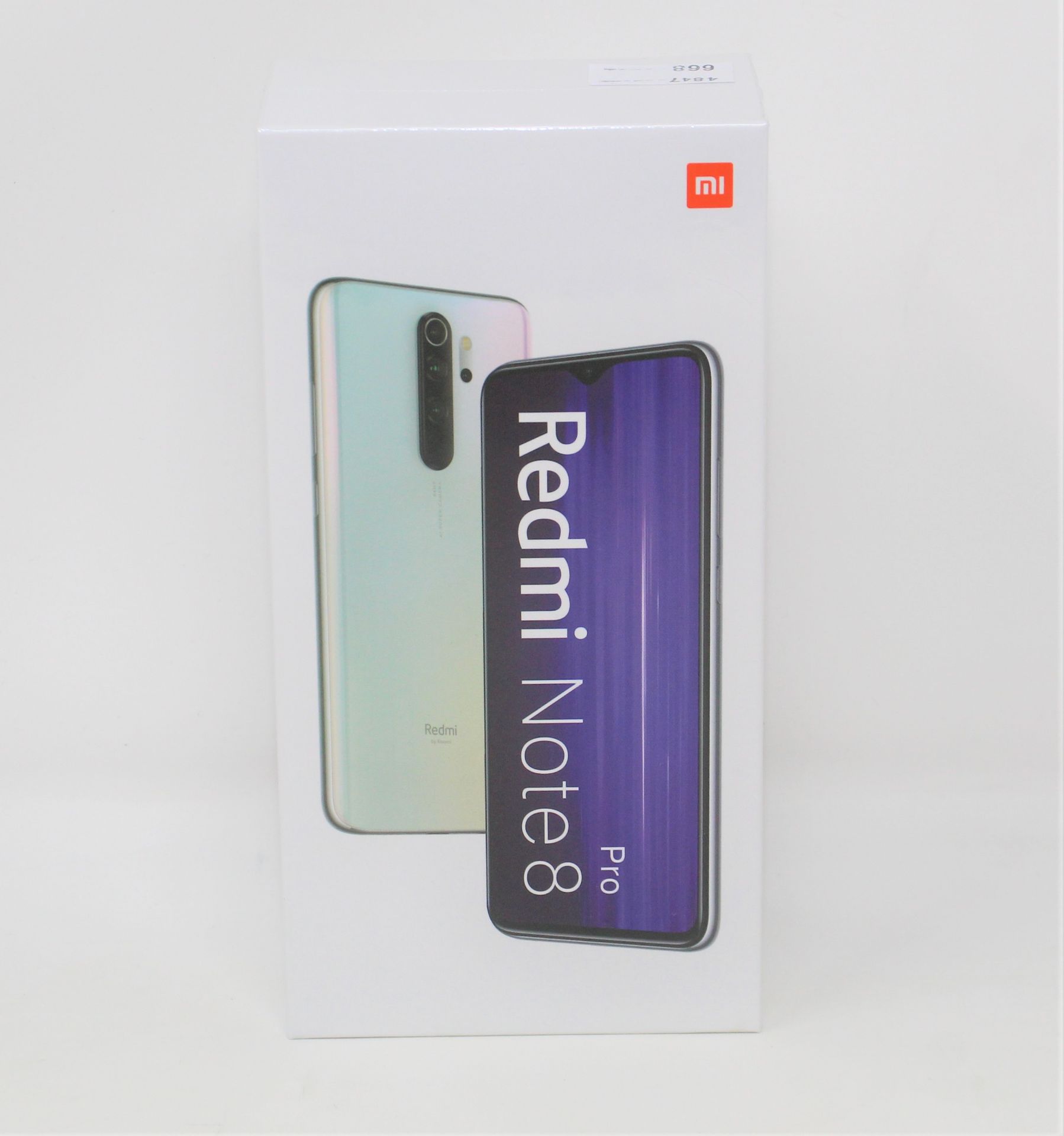 A boxed as new Xiaomi Redmi Note 8 Pro 128GB Dual Sim Smartphone in Pearl White (Box Sealed. UK plug