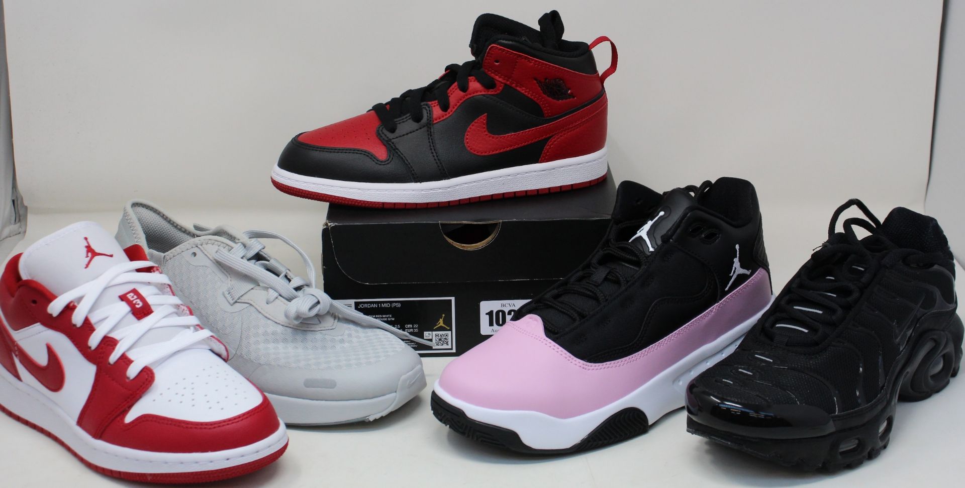 Five pairs of youths as new Nike trainers; Reposto (UK 5), Jordan Max Aura 2 (UK 5.5), Air Max