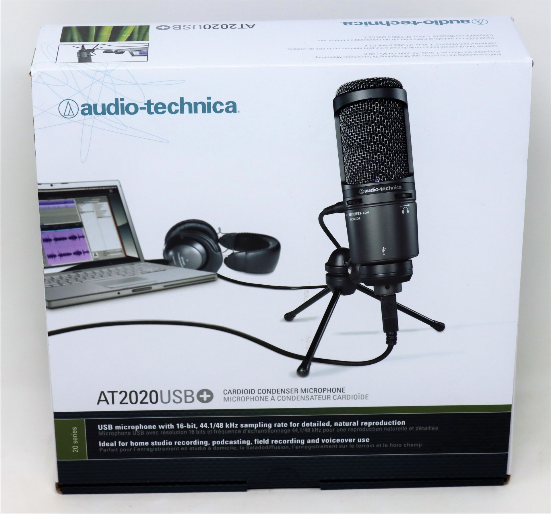 A boxed as new Audio-Technica AT2020USB+ USB Cardioid Condenser Microphone (Box opened).