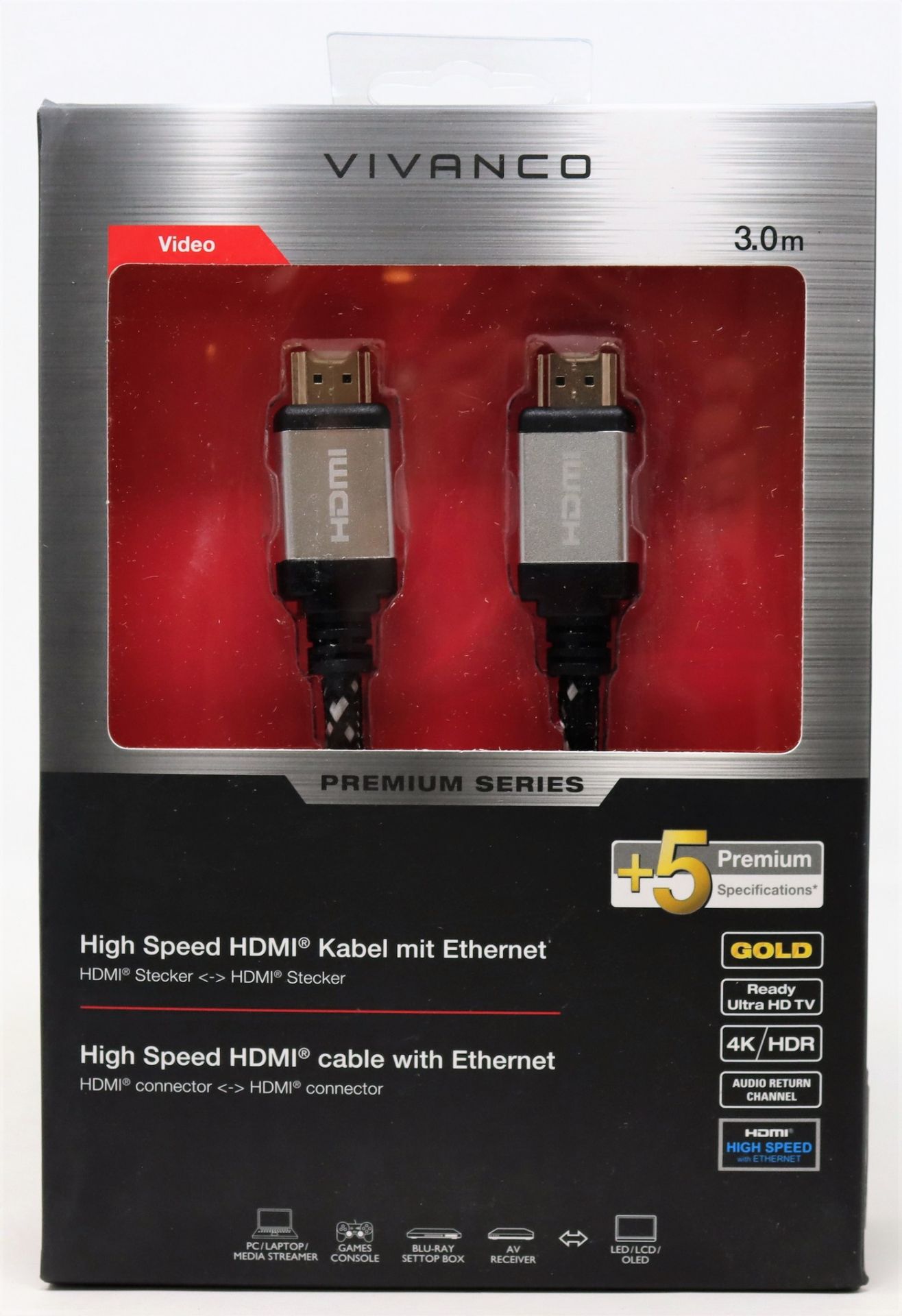 Six boxed as new Vivanco Premium 3m High Speed HDMI Cables with Ethernet (Boxes sealed).