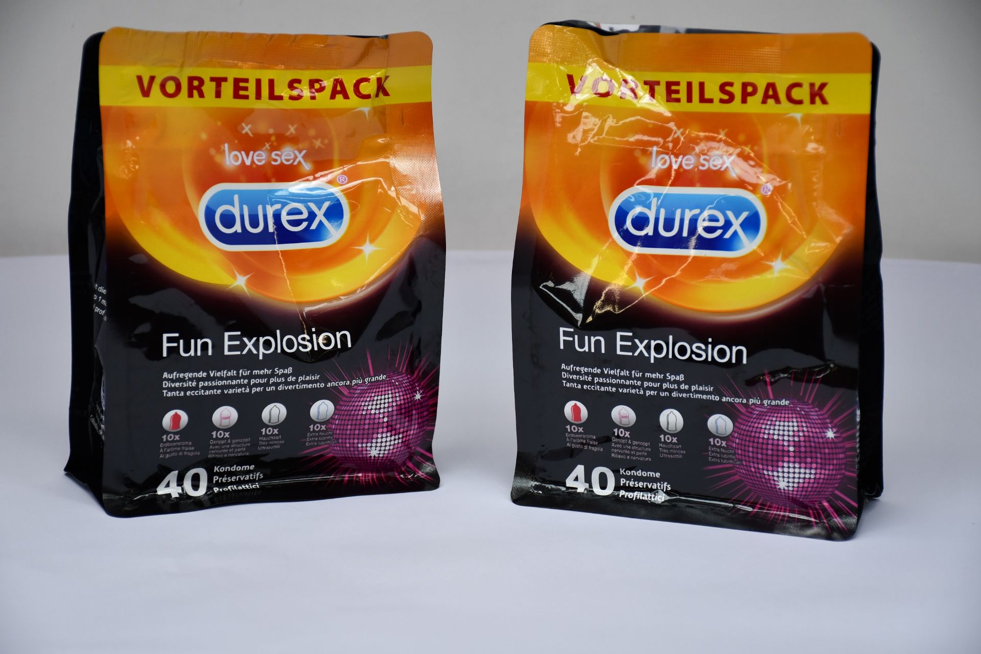 Ten packs of Durex Fun Explosion condoms (40 in a pack).