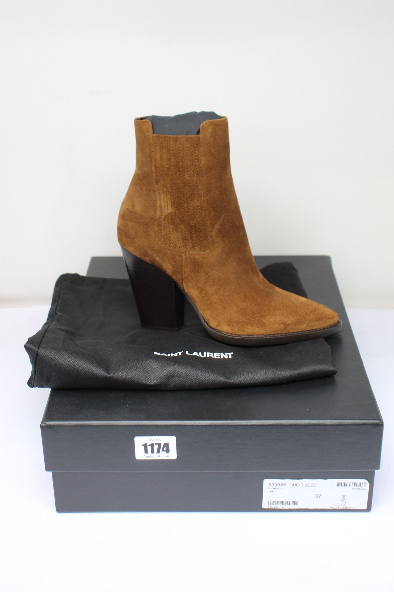 A pair of lady's boxed as new Saint Laurent Theo Chelsea Boots in brown suede (EU 37).