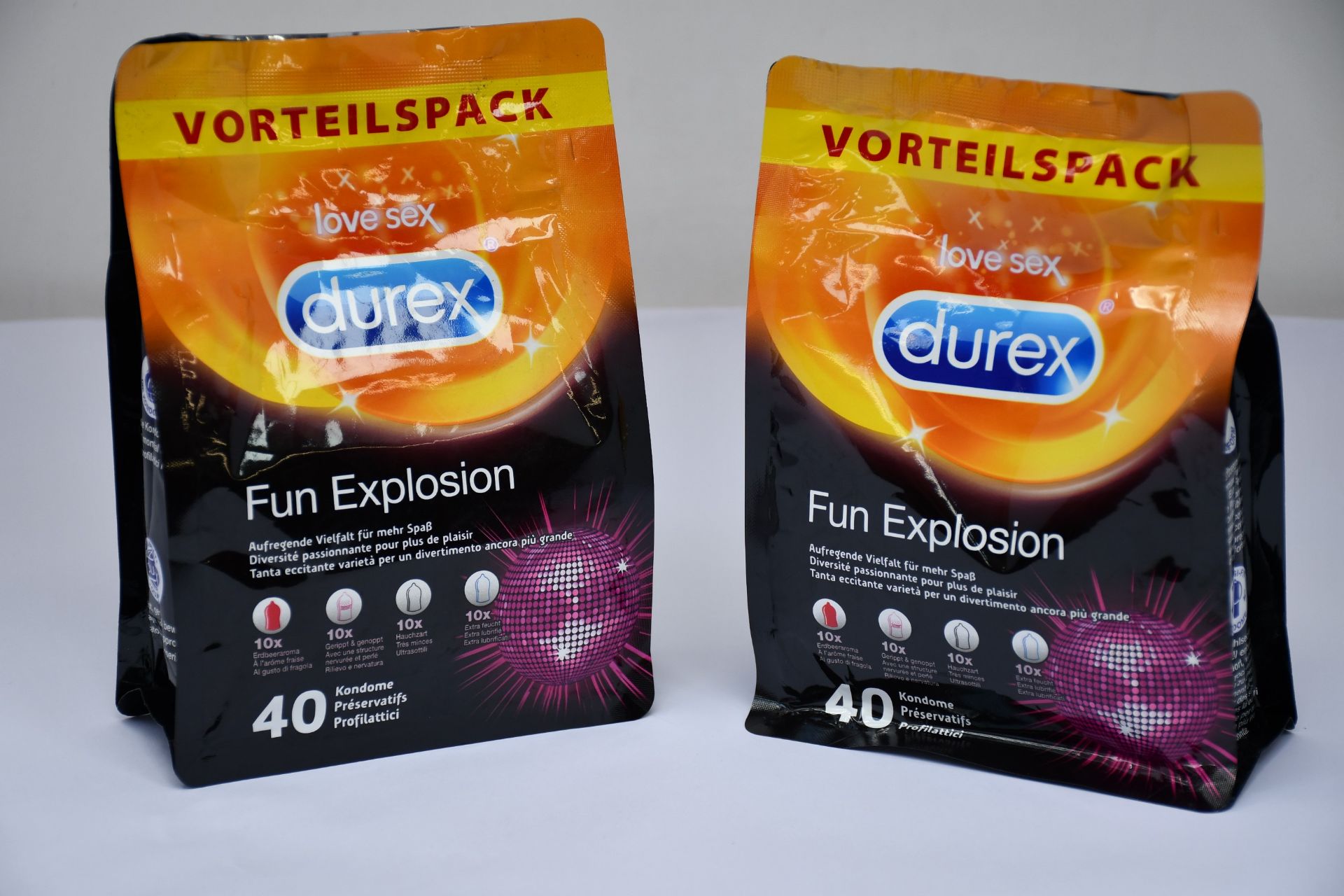 Ten packs of Durex Fun Explosion condoms (40 in a pack).