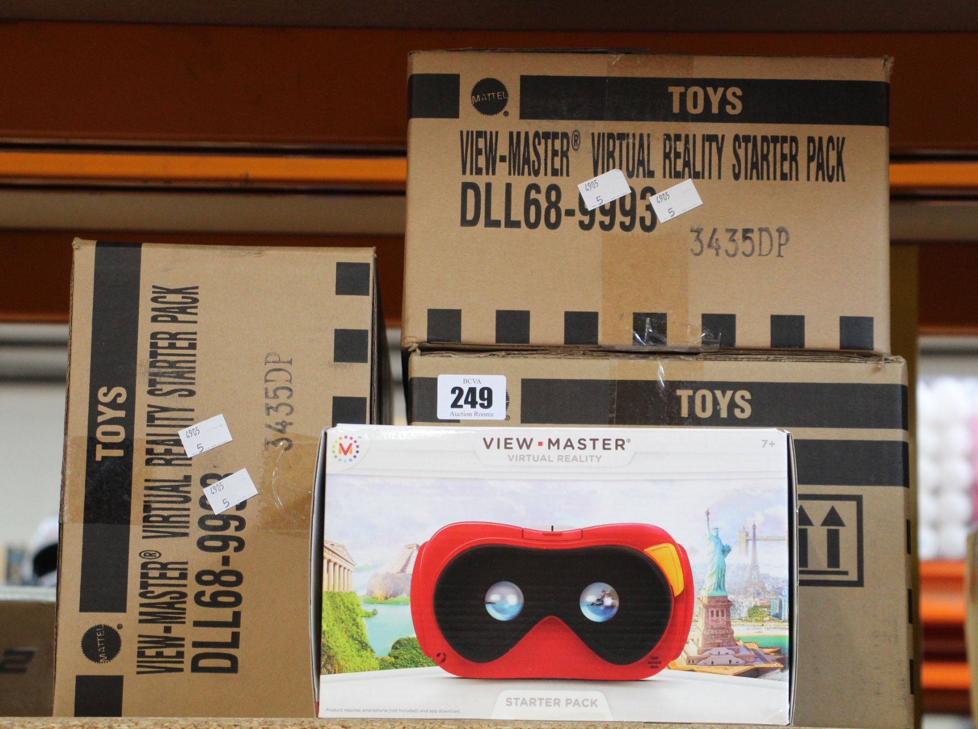 A box of view master virtual reality experience packs to include space, wildlife and destinations