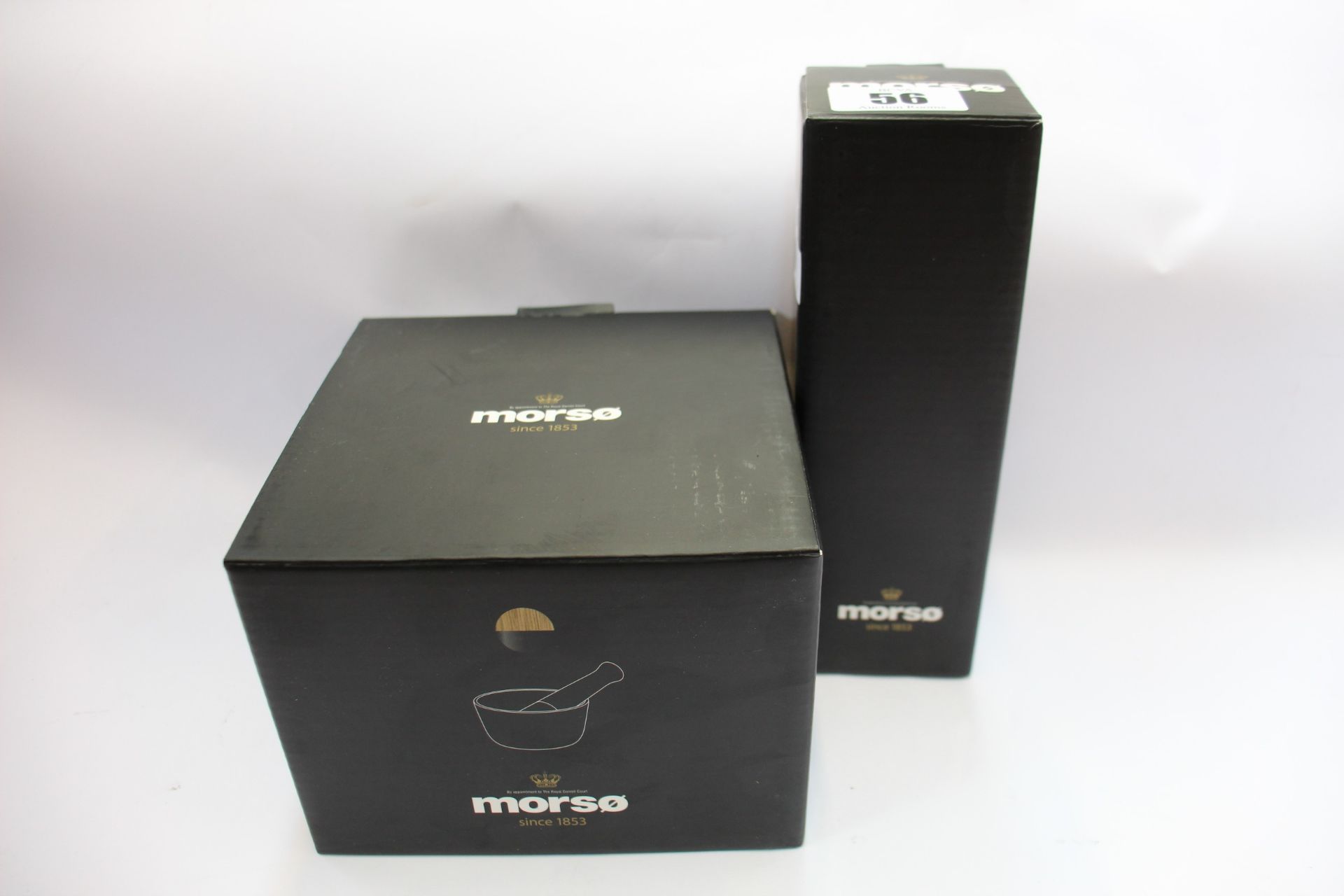 A boxed as new Morso Kit Mortar in oak/cast iron and a boxed as new Morso Kit pepper grinder in