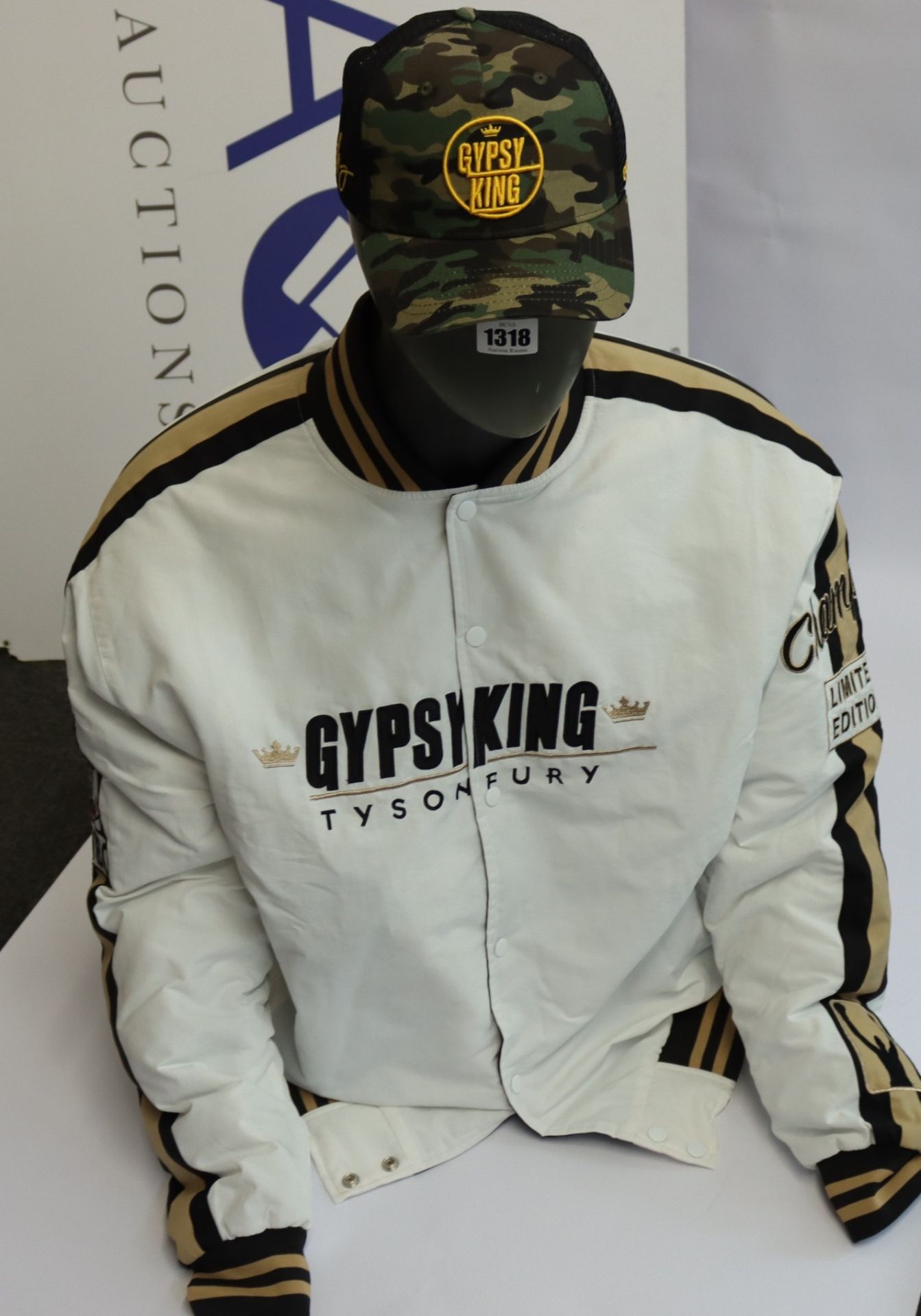 An as new Goldstar Gypsy King by Tyson Fury limited edition white bomber jacket (XXL) and baseball