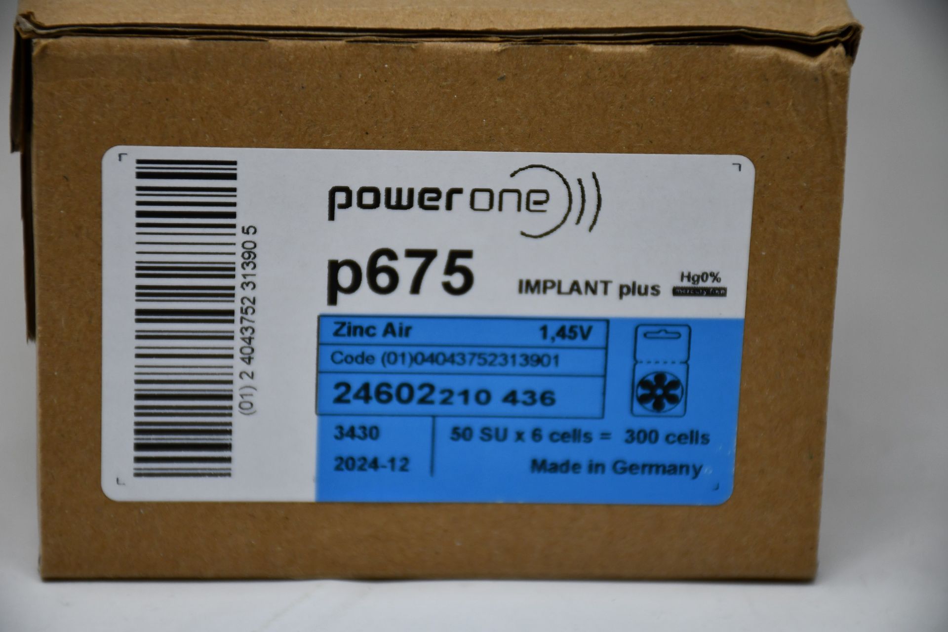 Five boxes of ten packs of six (300) Power One Cochlear Implant 675 Batteries (BB 12/2024).