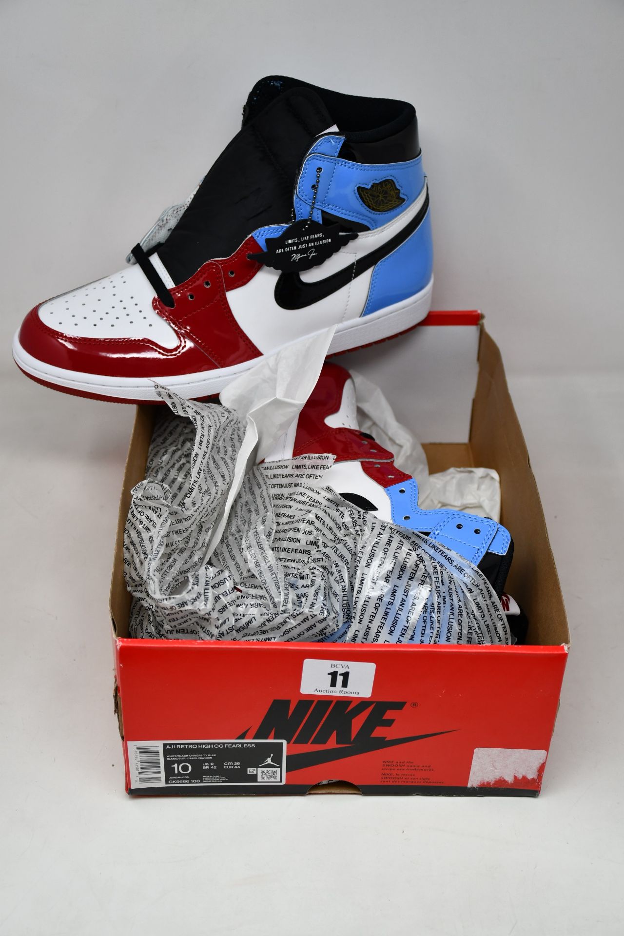 A pair of as new Nike AJ1 retro High OG Fearless (UK 9 - No box lid).