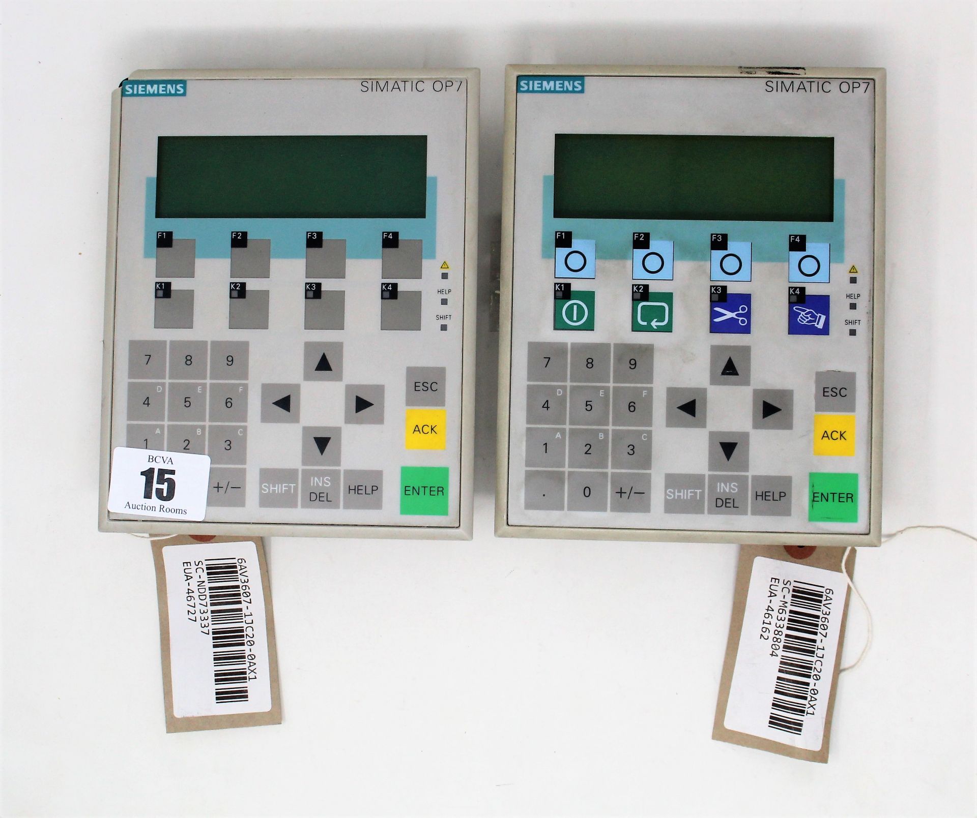 Two pre-owned Siemens Simatic OP7 Operator Panels (P/N: 6AV3607-1JC20-0AX1) (1 x back cover loose, 1