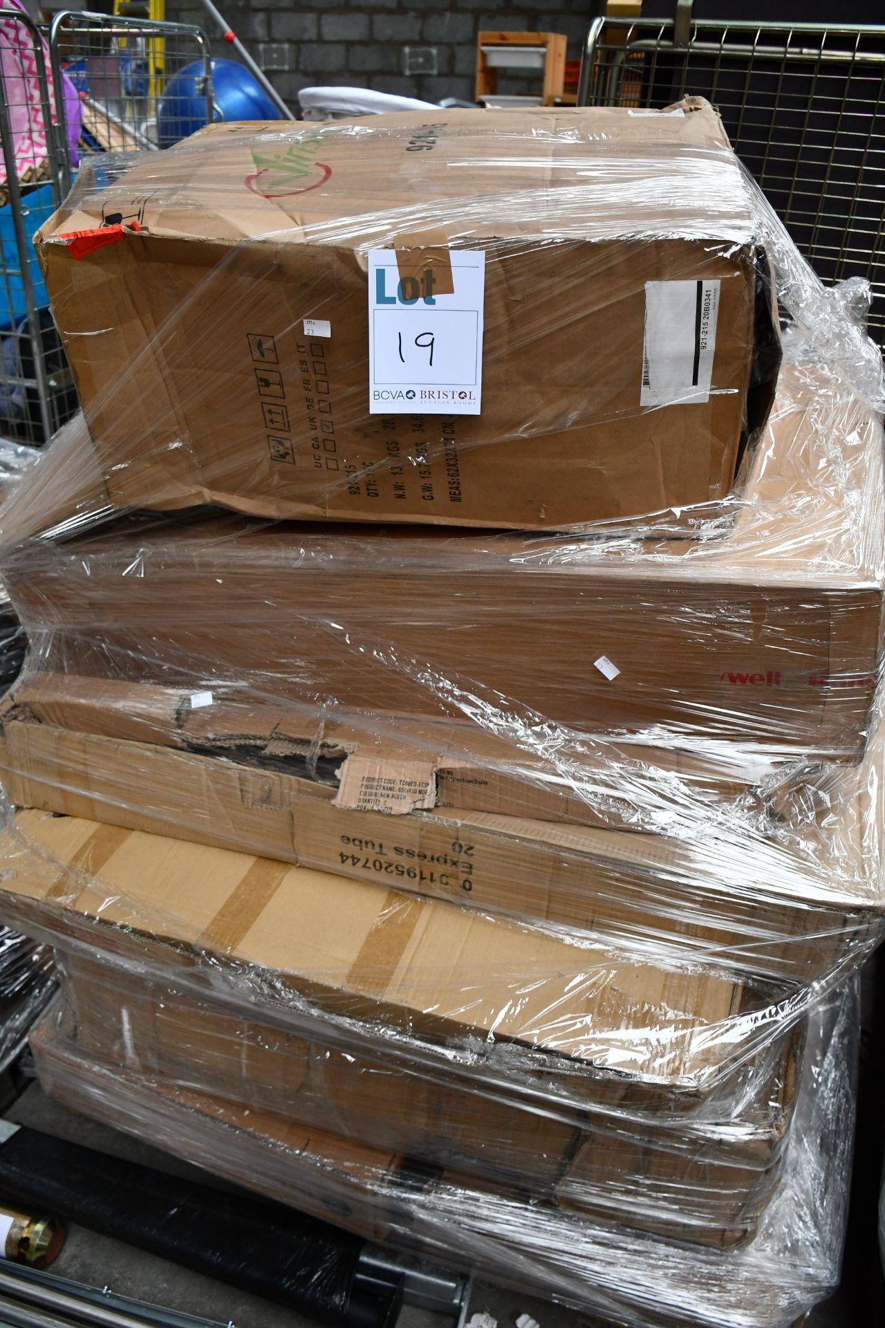 A pallet of assorted flat packed furniture and related items (BCVA cannot guarantee to be