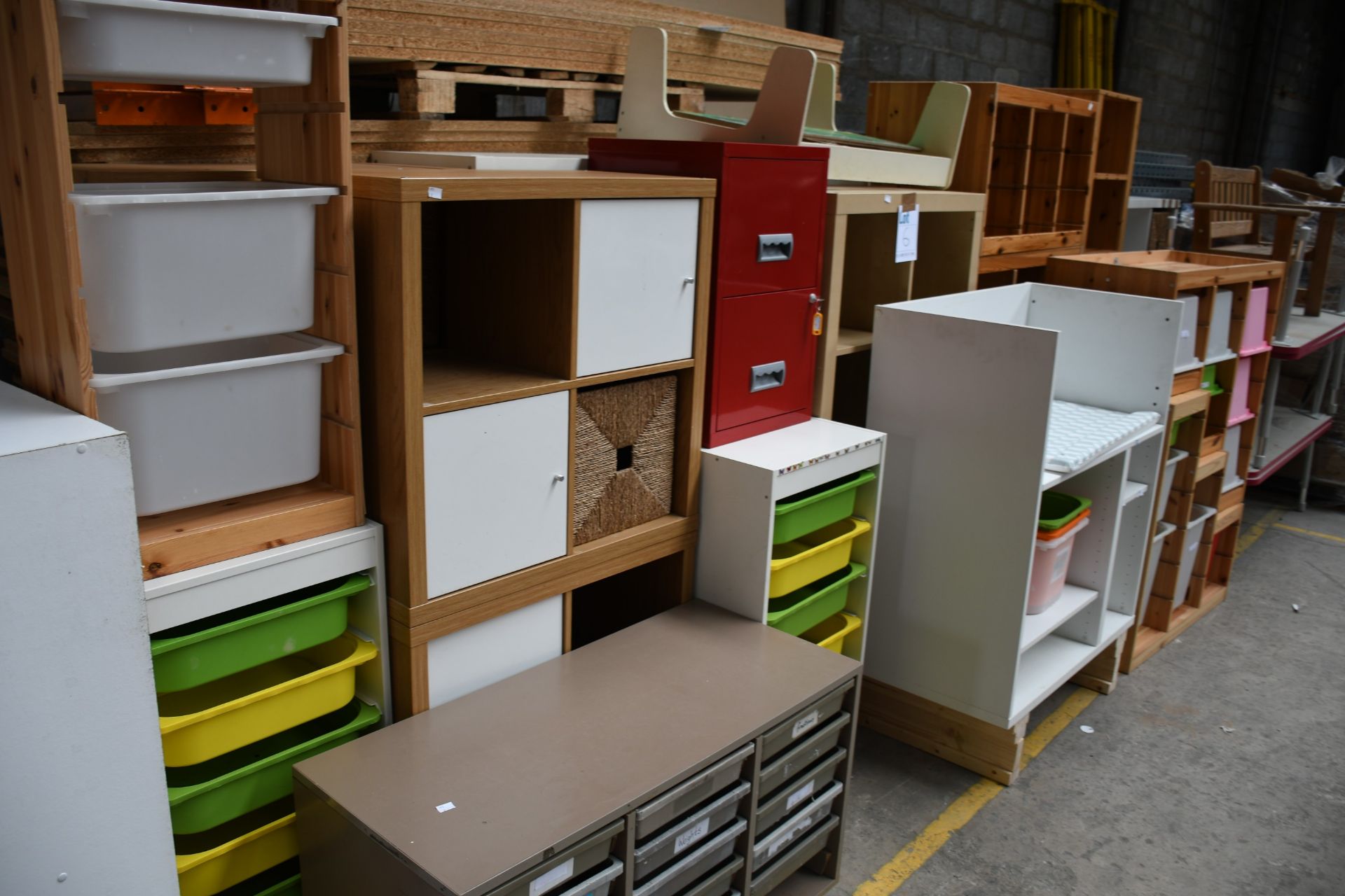 A quantity of furniture to include tables, cabinets, storage cabinets and a desk.