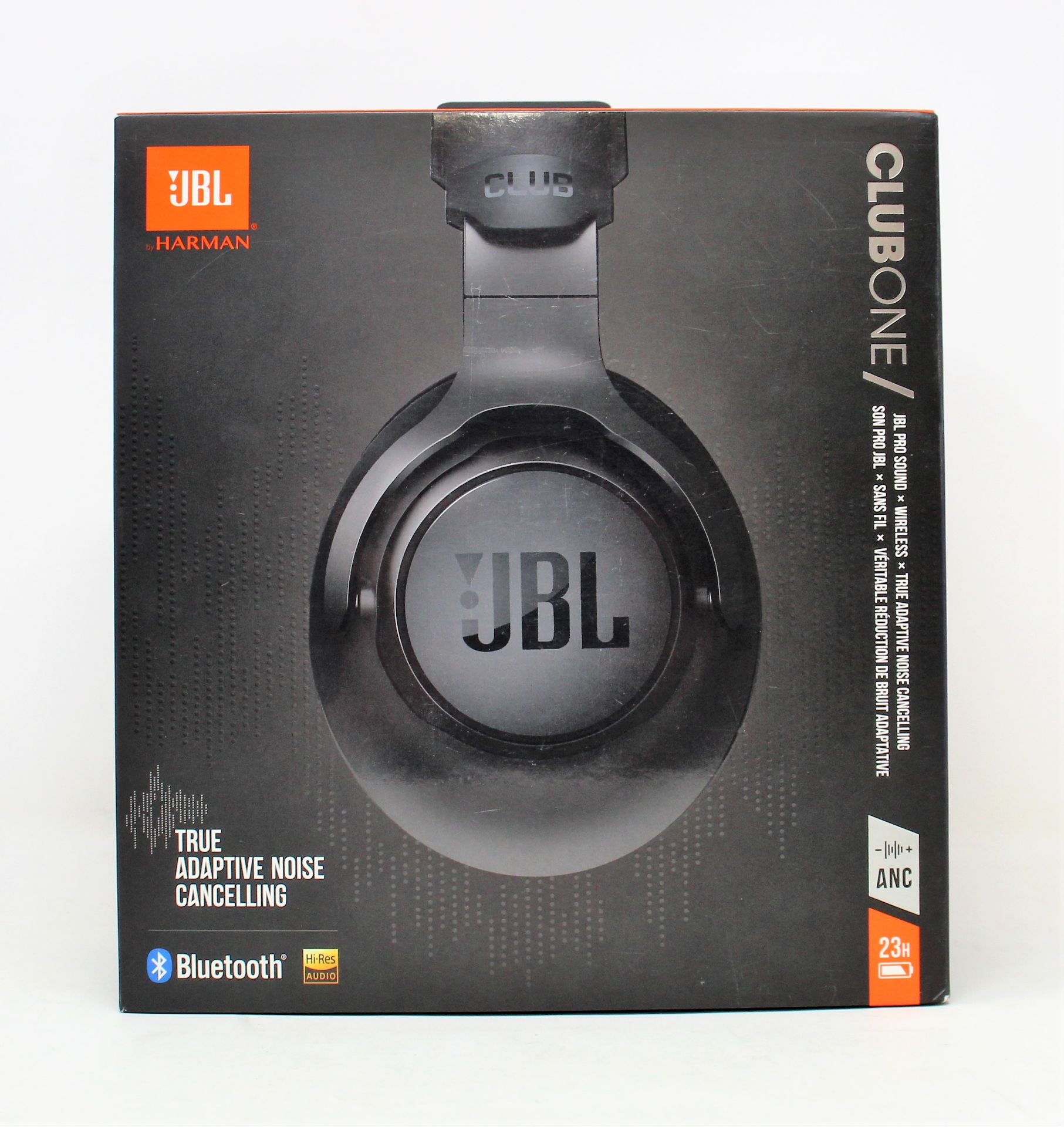 A boxed as new pair of JBL Harman Club One adaptive noise cancelling headphones in black. (Box