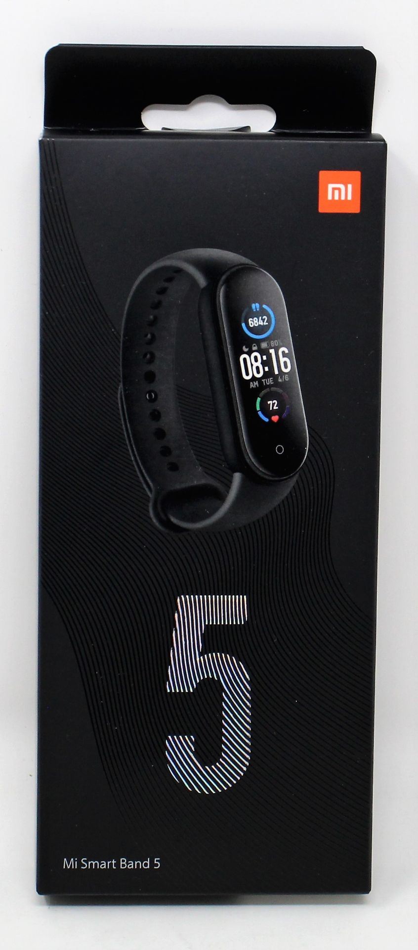 Five boxed as new Xiaomi Mi Band 5 Fitness Trackers in Black (Boxes sealed).