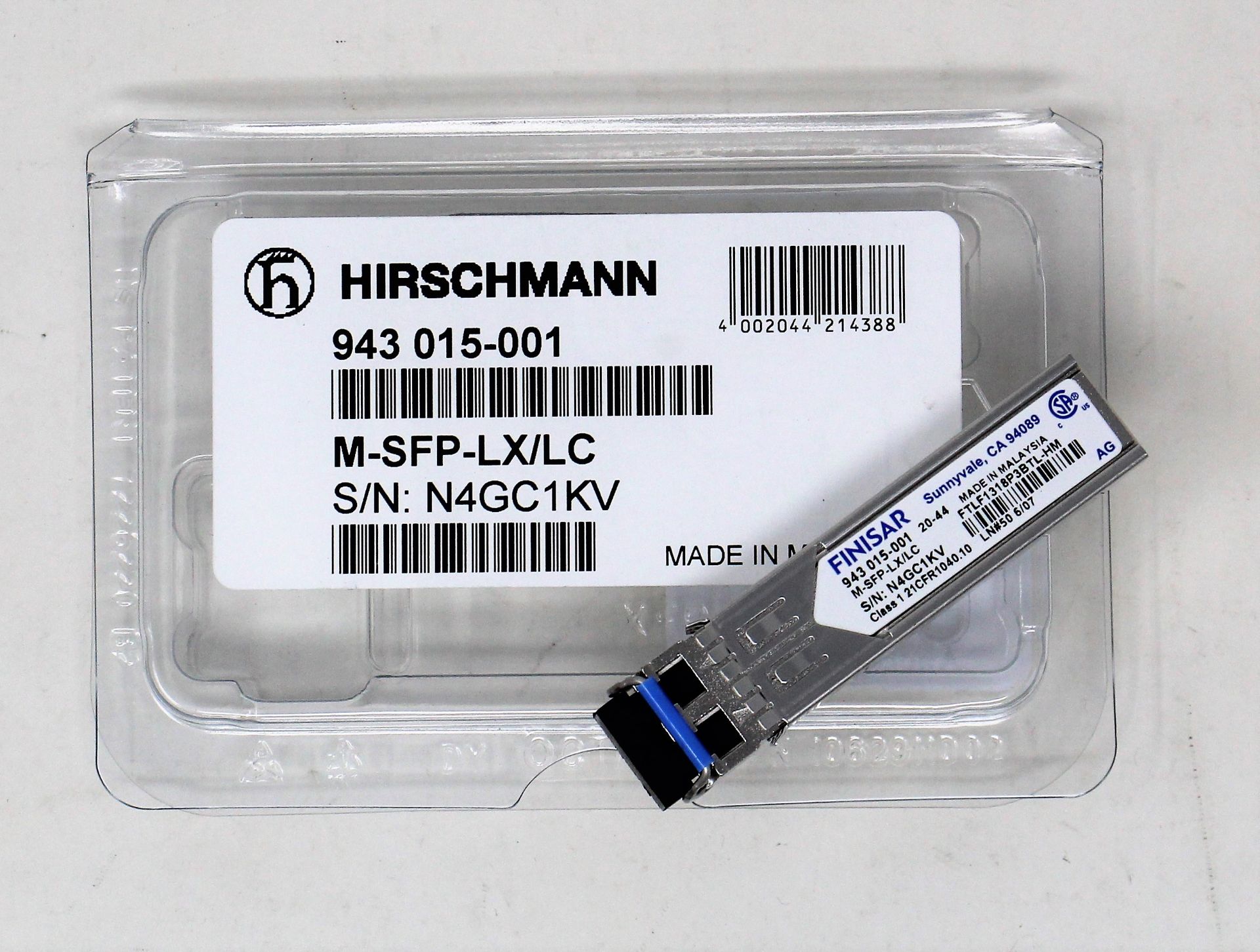 An as new Hirschmann Finisar 943 015-001 M-SFP-LX/LC SFP Fibreoptic Gigabit-Ethernet Transceiver