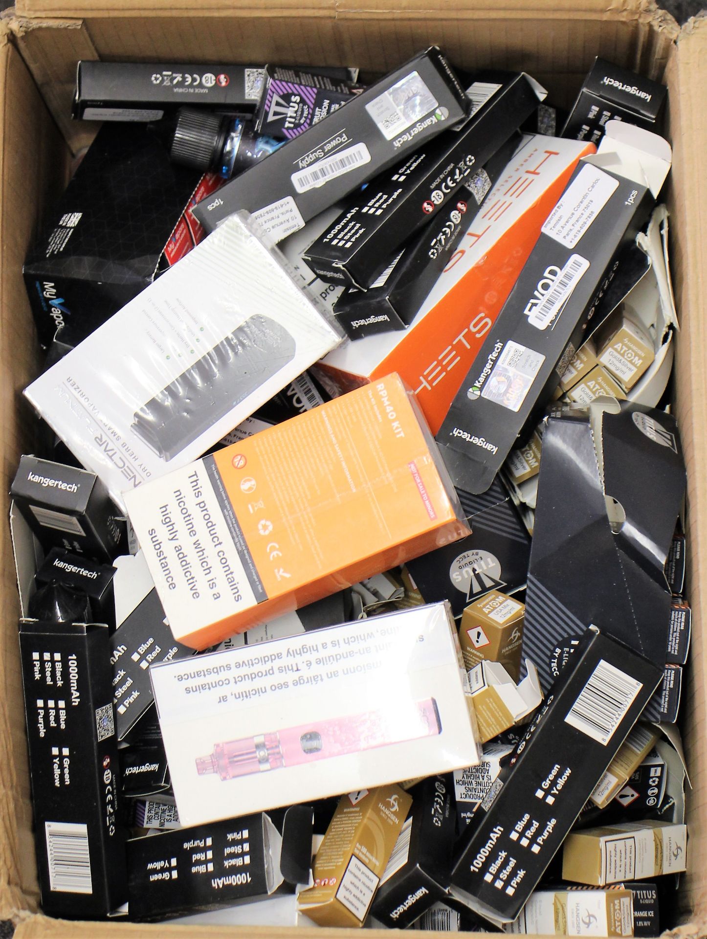 COLLECTION ONLY: A box of assorted as new vaping items and e-liquids (Over 18's only).