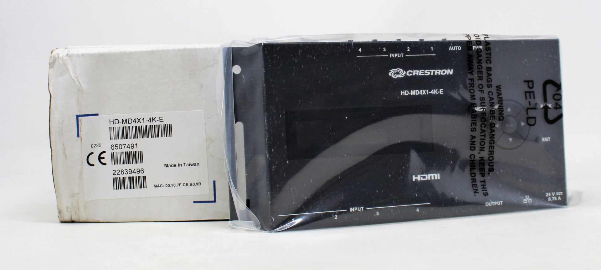 A boxed as new Creston 4 port HDMI distribution amplifier (PN: HD-MD4X1-4K-E) (Box opened) (Box