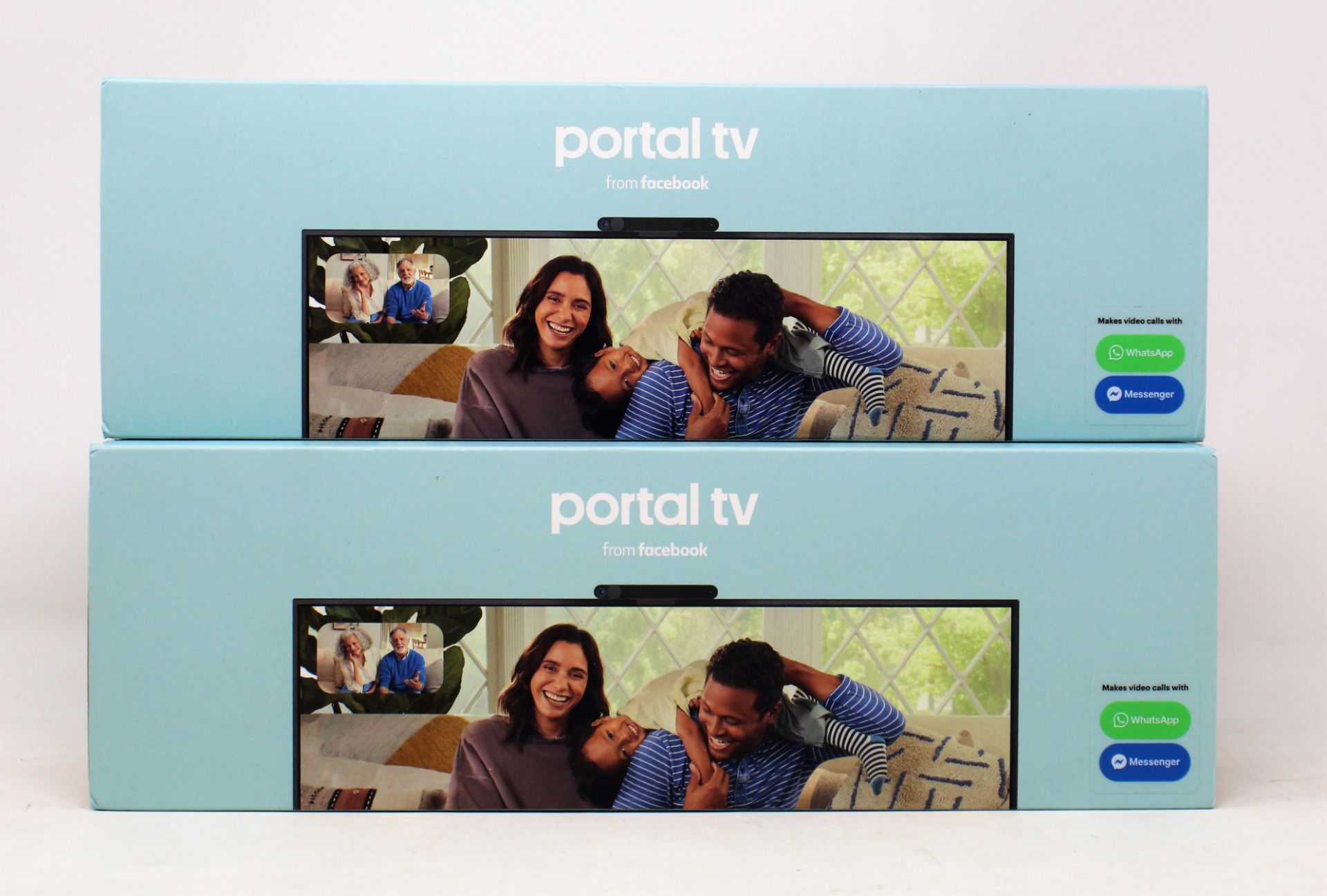 Two pre-owned boxed portal TV video call devices.