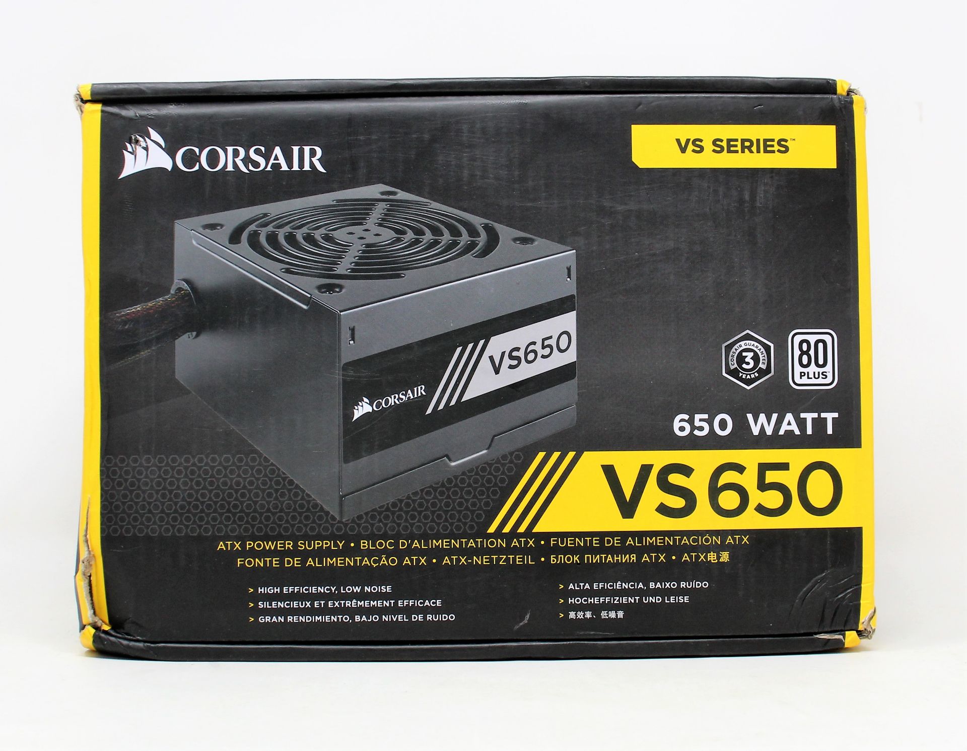 A boxed as new Corsair VS Series VS650 650W 80 Plus ATX Power Supply (Box opened).