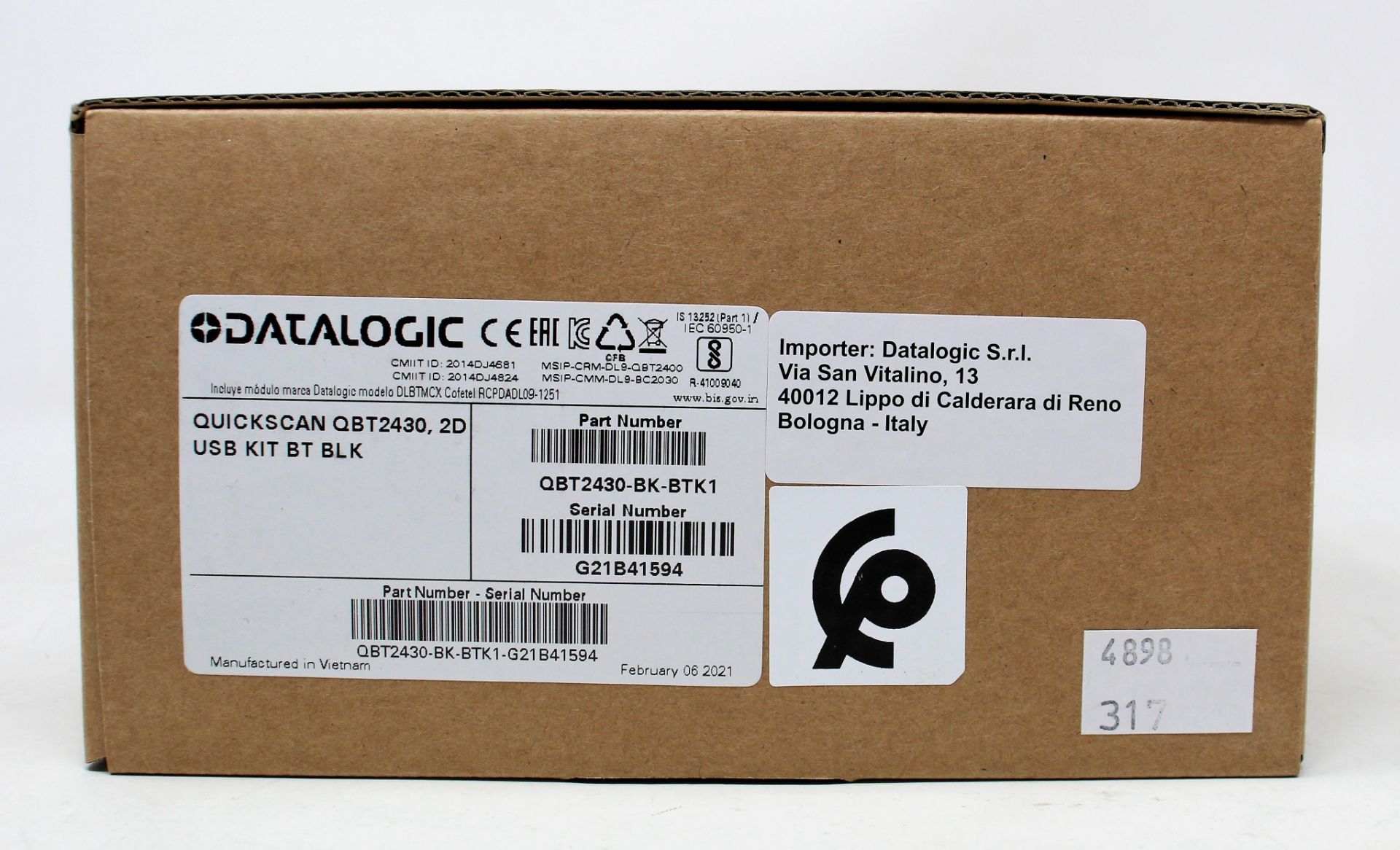 A boxed as new Datalogic QuickScan QBT2430 Barcode Scanner Kit (P/N: QBT2430-BK-BTK1).