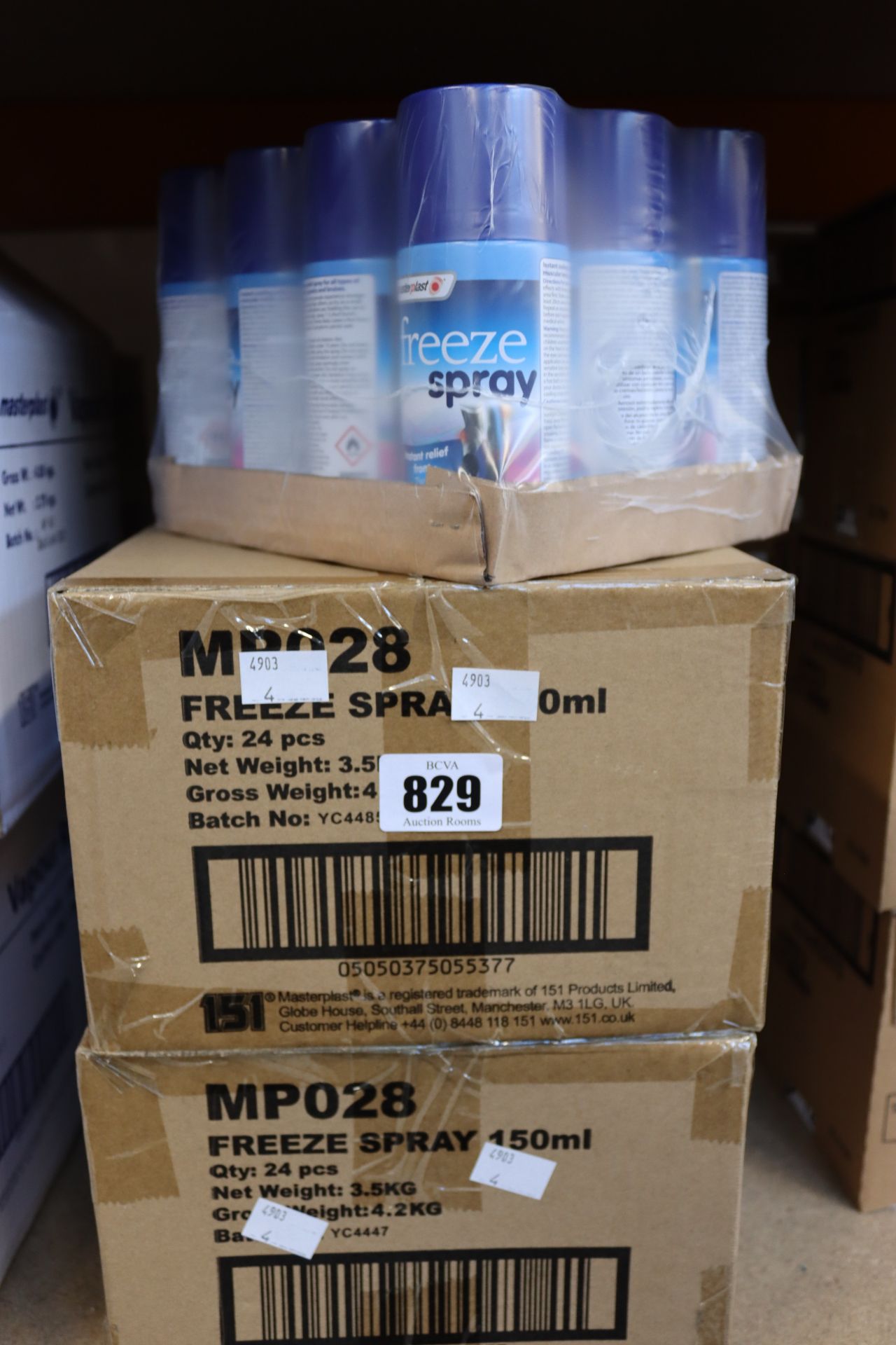Five boxes of Masterplast freeze spray (24 cans per box).