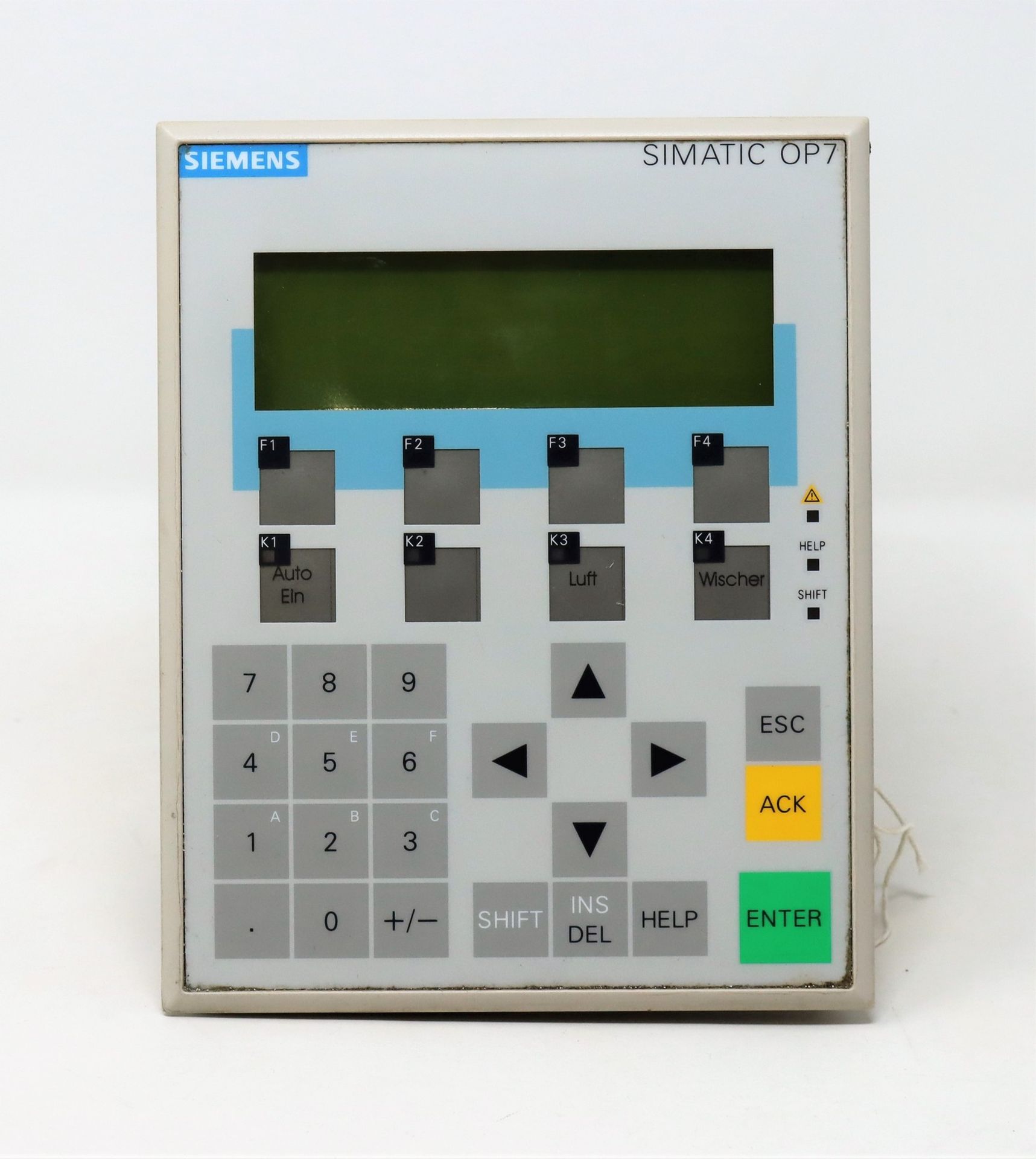 A pre-owned Siemens Simatic OP7 Operator Panel (P/N: 6AV3607-1JC20-0AX1) (Back panel loose.