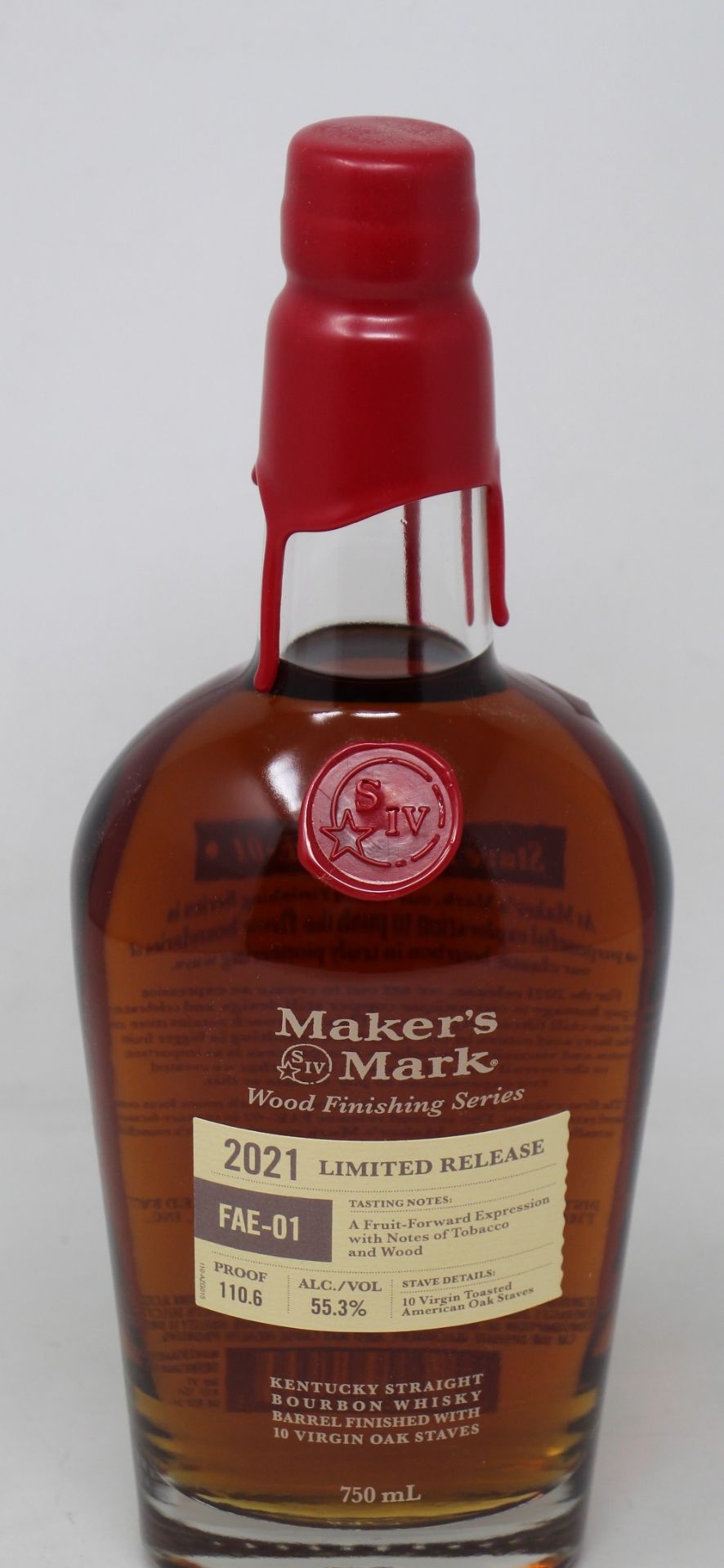 A bottle of Makers Mark 2021 wood finishing series limited release Kentucky straight Bourbon