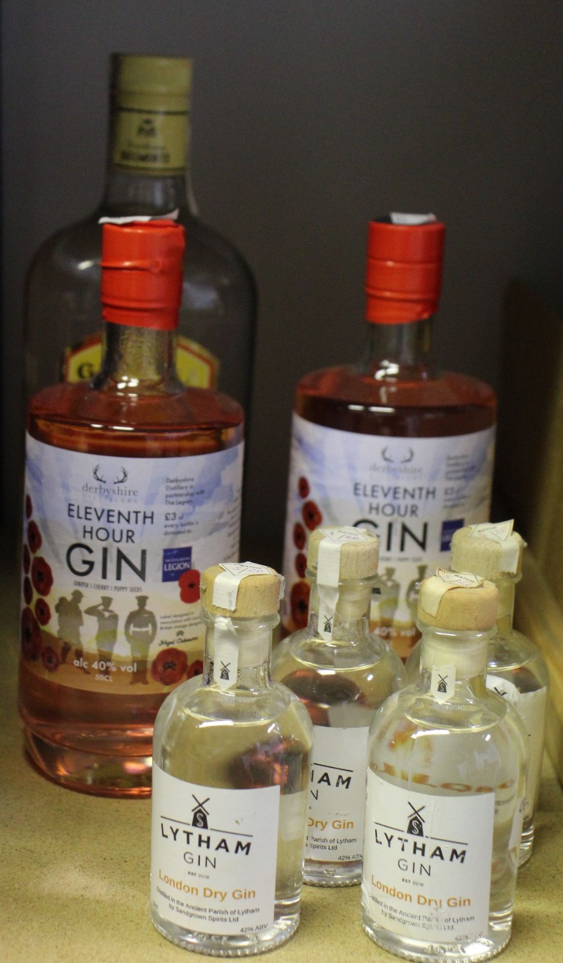 Two Derbyshire Distillery Eleventh Hour gin (500ml), Scorpio's Ginebra London Dry gin (1ltr) and