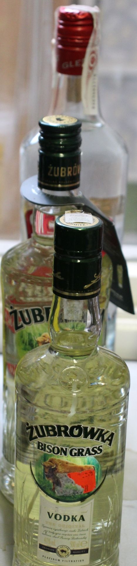 Two Zubrowka Bison Grass vodka (500ml, 700ml), Glen's vodka (1ltr) and Boaka vodka (1ltr) (Over 18's