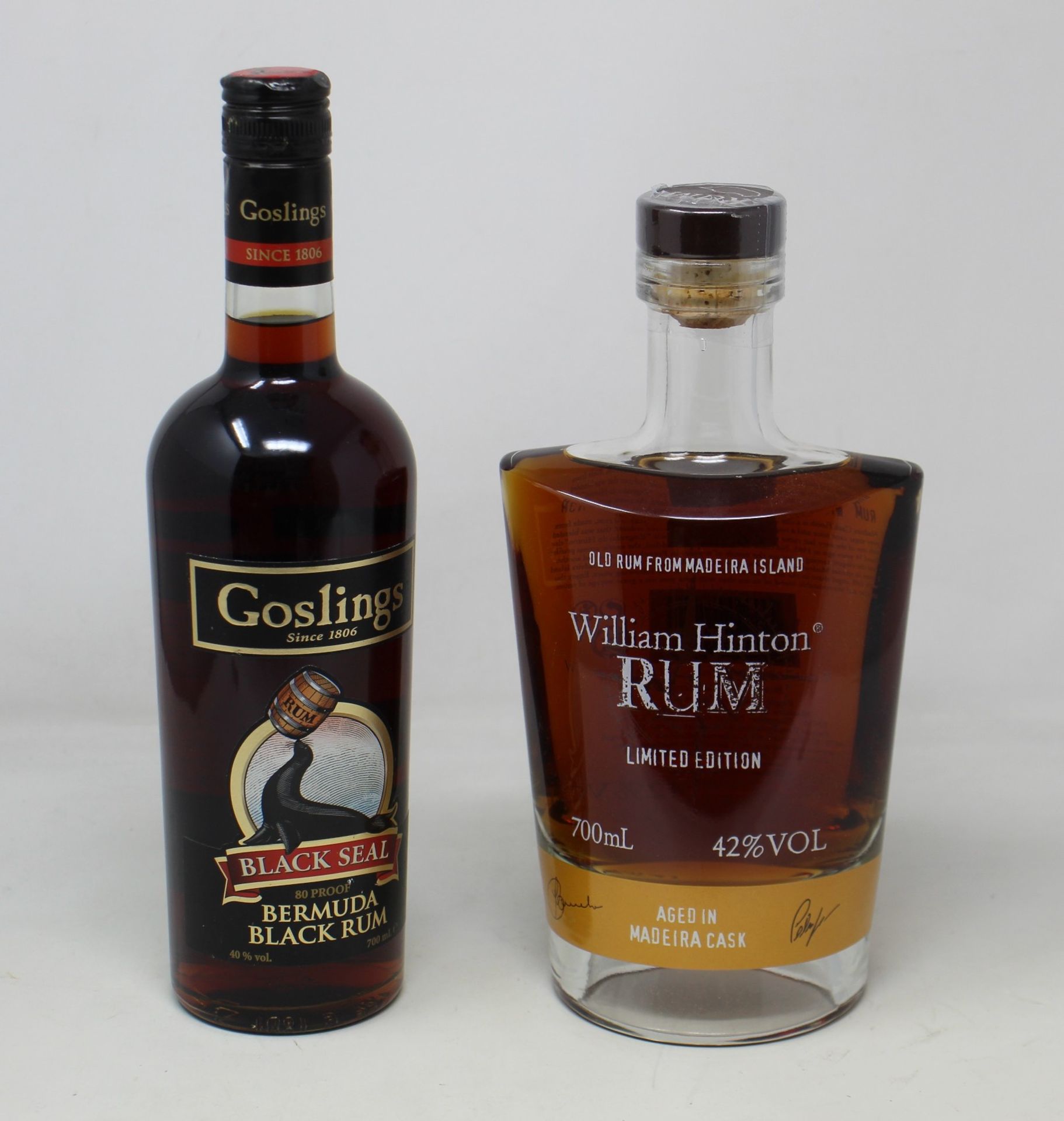 A William Hinton limited edition rum (700ml) and a Goslings Black Seal 80 proof Bermuda black rum (