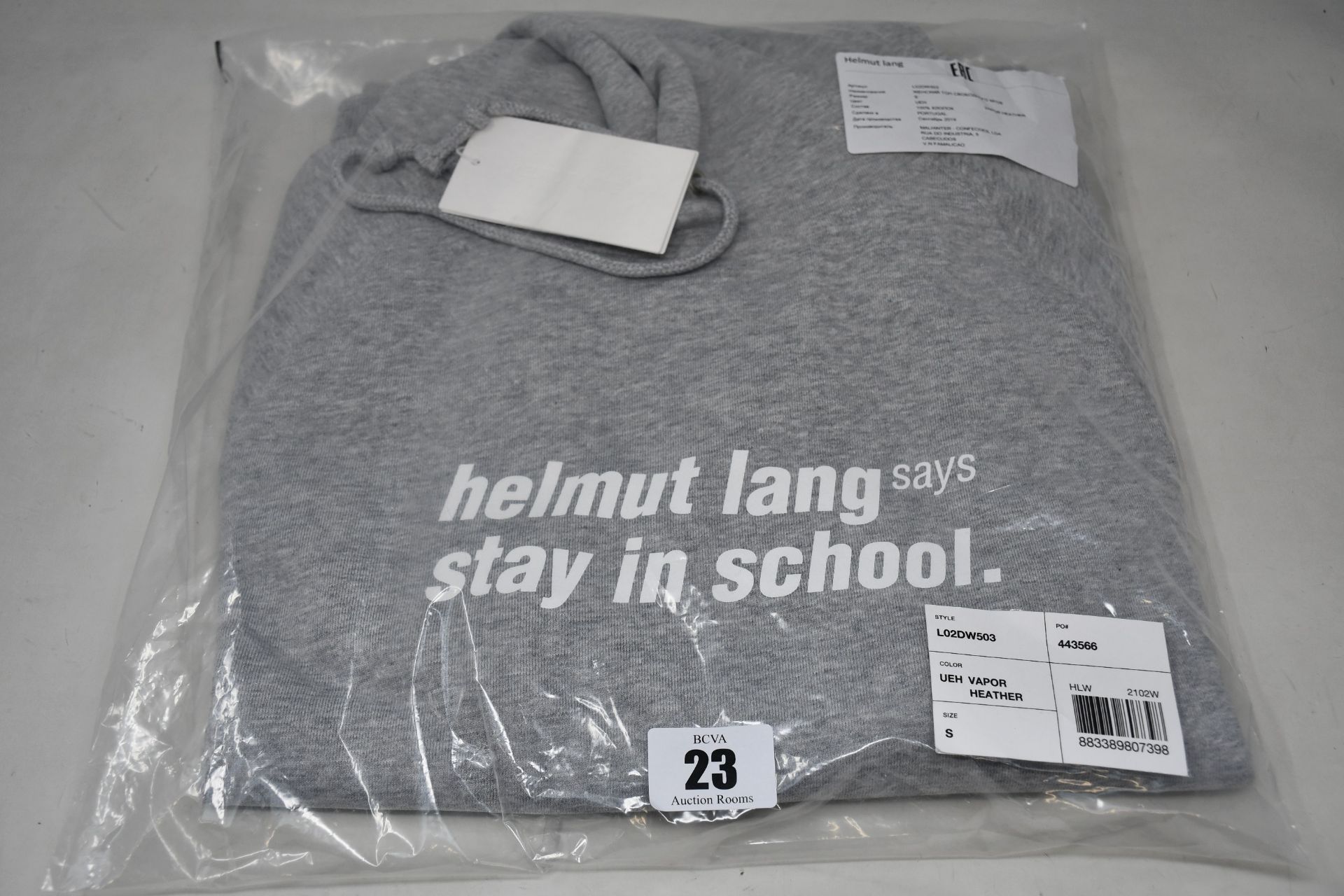 An as new Helmut Lang "Says Stay in School" hoodie in grey (S).